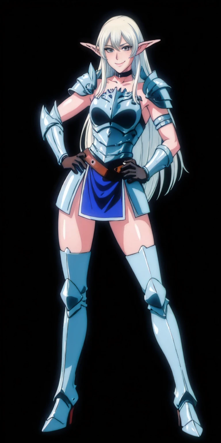 ((black background)) 1solo white SKIN elf, long hair, white hair, yellow eyes, full body, female soldier standing on black background looking at viewer wearing armor and a pair of militar brown boots (breastplate, shiny, armor, thigh highs, high boots, shoulder armor, faulds, poleyn, gloves, gauntlets, bracers, choker leather collar) WRIST HANDCUFFS, smile, red cheeks, lustful smirking smile face red blushed red cheeks, HANDS ON HIPS clenching fist