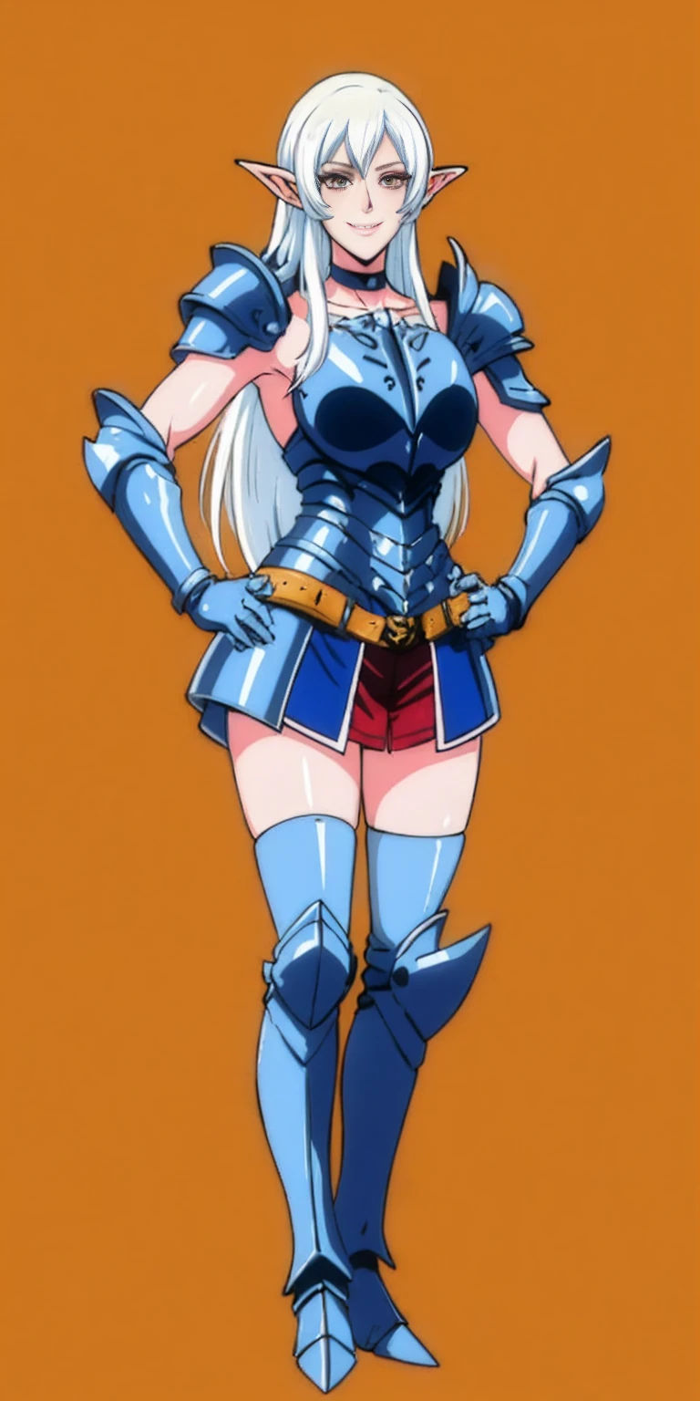 ((orange background)) 1solo white SKIN elf, long hair, white hair, yellow eyes, full body, female soldier standing on black background looking at viewer wearing armor and a pair of militar brown boots (breastplate, shiny, armor, thigh highs, high boots, shoulder armor, faulds, poleyn, gloves, gauntlets, bracers, choker leather collar) WRIST HANDCUFFS, smile, red cheeks, lustful smirking smile face red blushed red cheeks, HANDS ON HIPS clenching fist