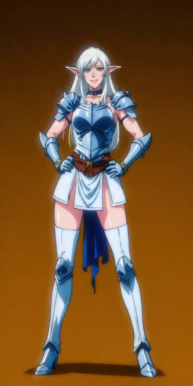 ((orange background)) 1solo white SKIN elf, long hair, white hair, yellow eyes, full body, female soldier standing on black background looking at viewer wearing armor and a pair of militar brown boots (breastplate, shiny, armor, thigh highs, high boots, shoulder armor, faulds, poleyn, gloves, gauntlets, bracers, choker leather collar) WRIST HANDCUFFS, smile, red cheeks, lustful smirking smile face red blushed red cheeks, HANDS ON HIPS clenching fist
