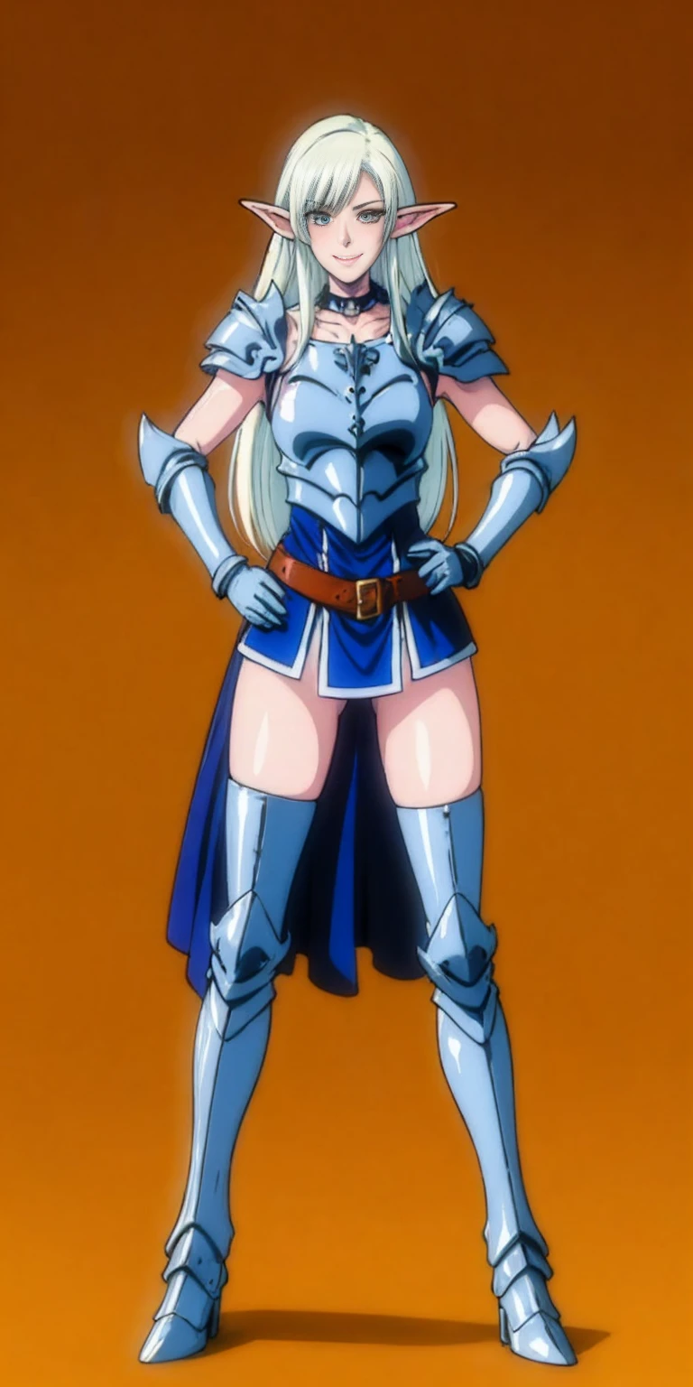 ((orange background)) 1solo white SKIN elf, long hair, white hair, yellow eyes, full body, female soldier standing on black background looking at viewer wearing armor and a pair of militar brown boots (breastplate, shiny, armor, thigh highs, high boots, shoulder armor, faulds, poleyn, gloves, gauntlets, bracers, choker leather collar) WRIST HANDCUFFS, smile, red cheeks, lustful smirking smile face red blushed red cheeks, HANDS ON HIPS clenching fist