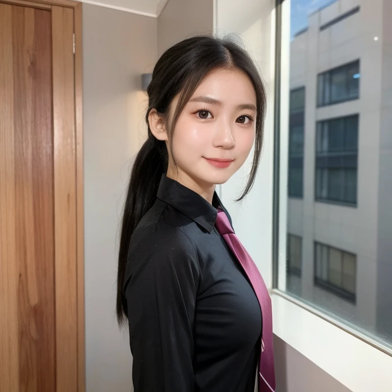 (kawaii 24 year-old Japanese girl, Nogizaka idol, Korean idol), (glossy black hair, high ponytail:1.3), (rounded face, single eyelid, no makeup, soft smiling:1.2), forehead, (wearing longsleeved collared shirt, thick cotton shirt, necktie:1.3), pencil skirt, (well shaped extra small breasts), (looking at viewer:1.2), BREAK, (office background, standing by the window:1.3), (dynamic angle, face focus:1.3), BREAK, (masterpiece, best quality, photo realistic, official art:1.4), (UHD, 8K quality wallpaper, high resolution, raw photo, film grain:1.2), (shiny skin), professional lighting, physically based rendering, award winning, (perfect anatomy, highly detailed skin textures, extremely detailed face and eyes, well drawn glittering pupils), Carl Zeiss 85 mm F/1.4, depth of field, 1girl, solo,