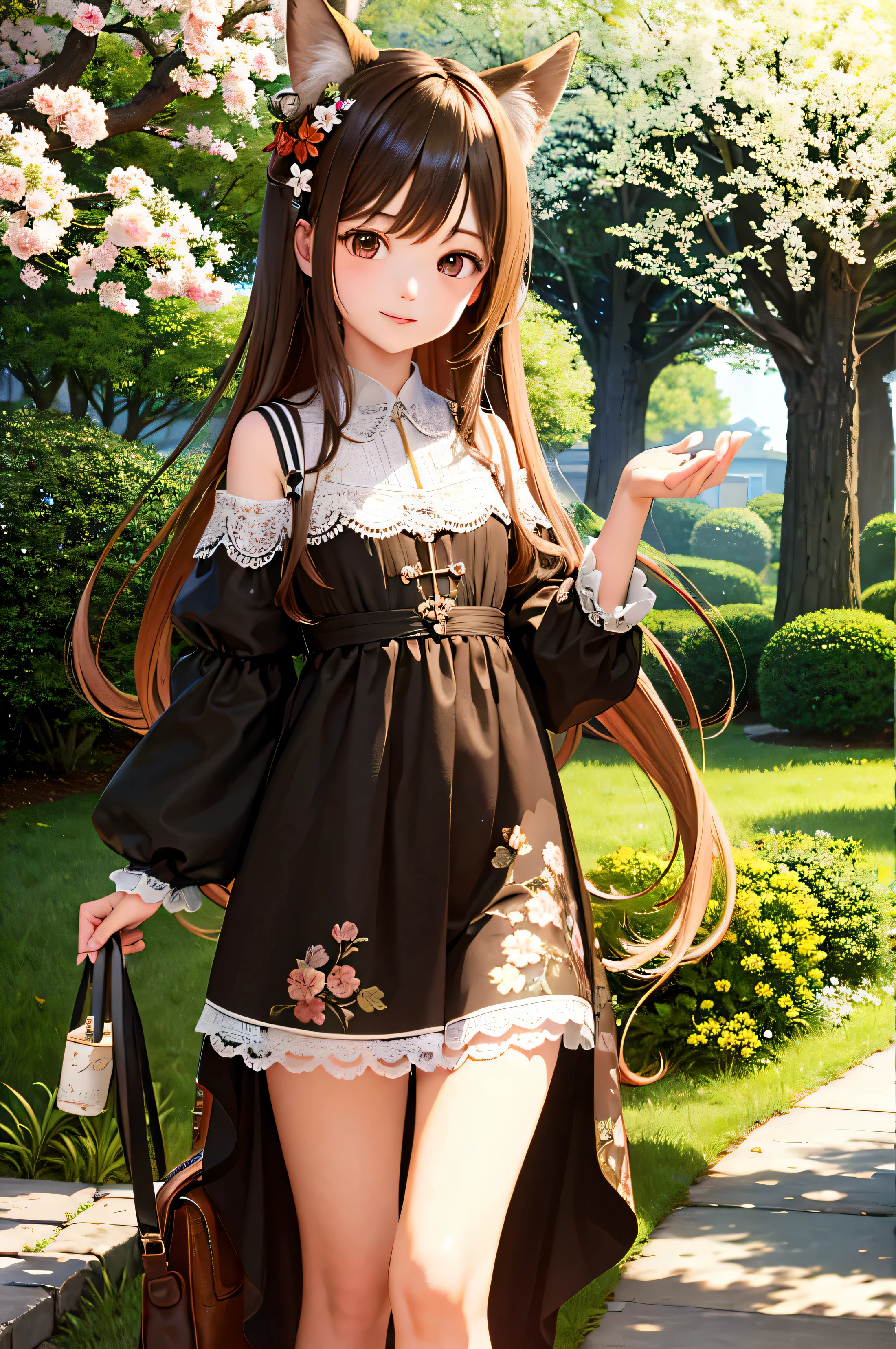 (masterpiece), highest quality, High resolution, very detailed, detailed background, perfect lighting, outside, 1 girl, Cherry tree in full bloom、light brown hair、red eyes、Small fox earimi is facing forward