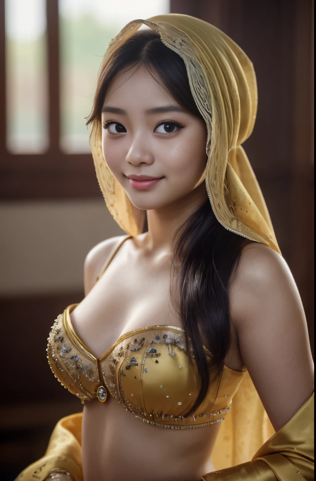 tzuyu, iu, yooa, bellydancer, cleavage,  two beautiful javanese and chinese with hijab and few soft freckles, mole below eyes, detail skin texture, smile, , dramatic light , Rembrandt lighting scheme, (hyperrealism:1.2), (8K UHD:1.2), (photorealistic:1.2), shot with Canon EOS 5D Mark IV, detailed face, detailed skin texture, 35mm, over-the-shoulder shot,cool-toned color grading, Deep Focus cinematography effect, Natural Lighting, high quality, ultra detail, 8k resolution,