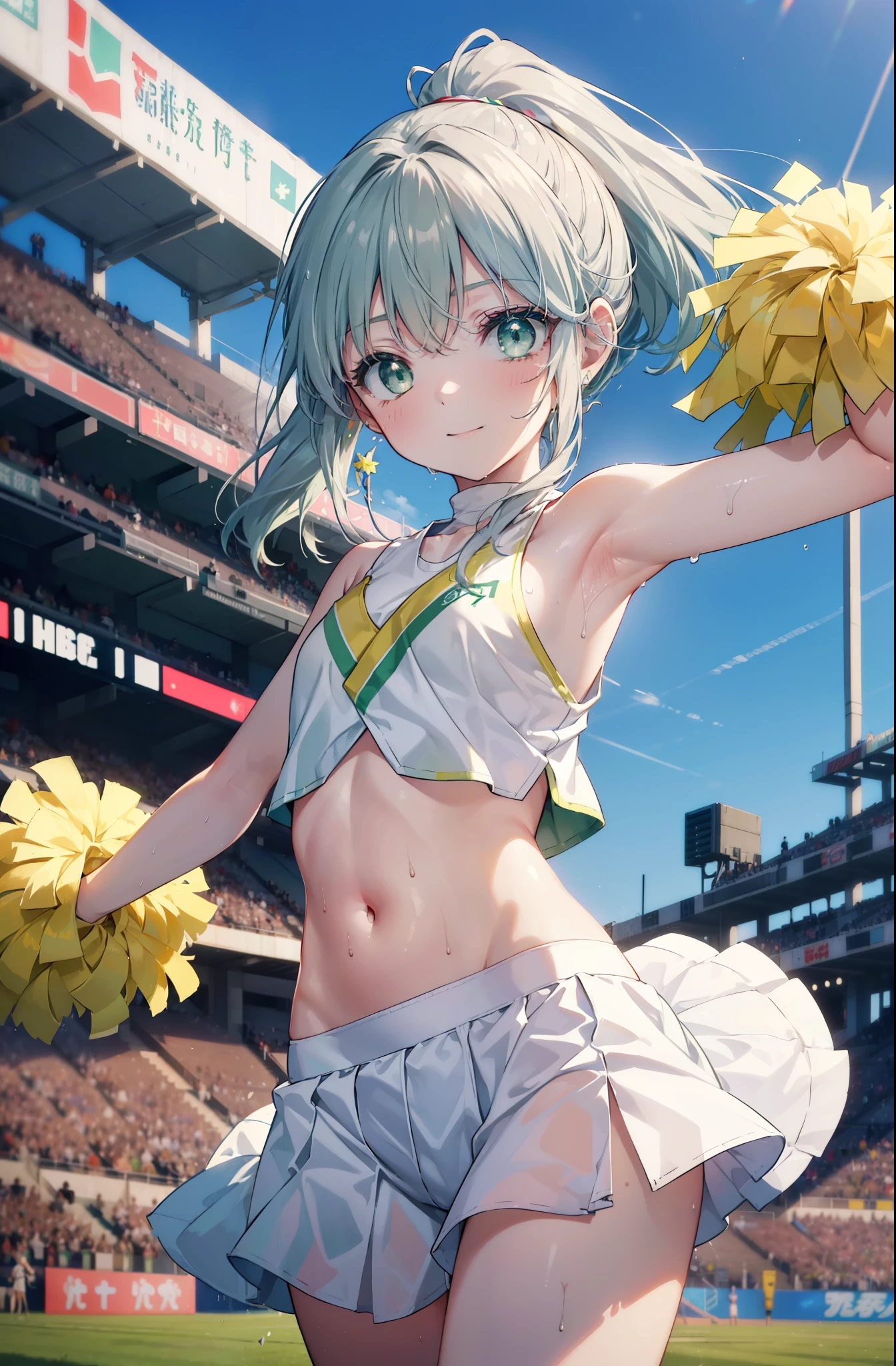 index, index, (green eyes:1.5), silver hair, long hair, (flat chest:1.2),ponytail,(cheer leading), (whole body), lower, (sweaty), sweaty Wet Clothes, (white clothes), , Navel support, playground, (jump), (jump), 足を曲げてjumpする, air, blue sky, Grass原, smile,Cheerleader, pom pom \(cheer leading\), Grass, smile, 
break looking at viewer, Upper body, whole body,
break indoors, stadium,
break (masterpiece:1.2), highest quality, High resolution, unity 8k wallpaper, (figure:0.8), (detailed and beautiful eyes:1.6), highly detailed face, perfect lighting, Very detailed CG, (perfect hands, perfect anatomy),