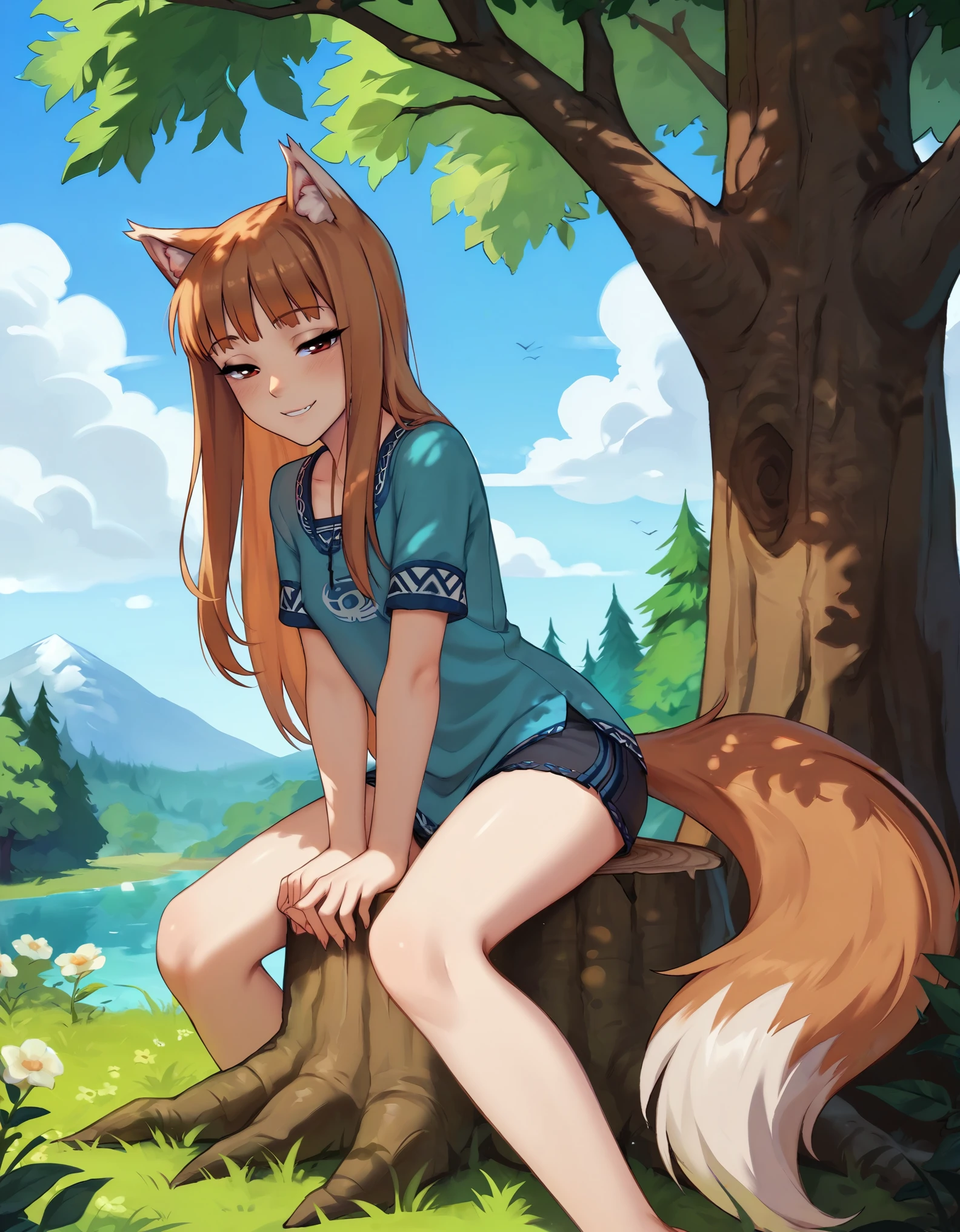 1girl, holo, animal ears, brown hair, long hair, red eyes, wolf ears, wolf girl, small breasts, wolf tail, spice and wolf, BREAK
sitting, looking at viewer, (half-closed eyes), seductive smile, BREAK
day, bare tree, outdoors, tree, tree stump, BREAK
score_9, score_8_up, score_7_up, score_6_up, 