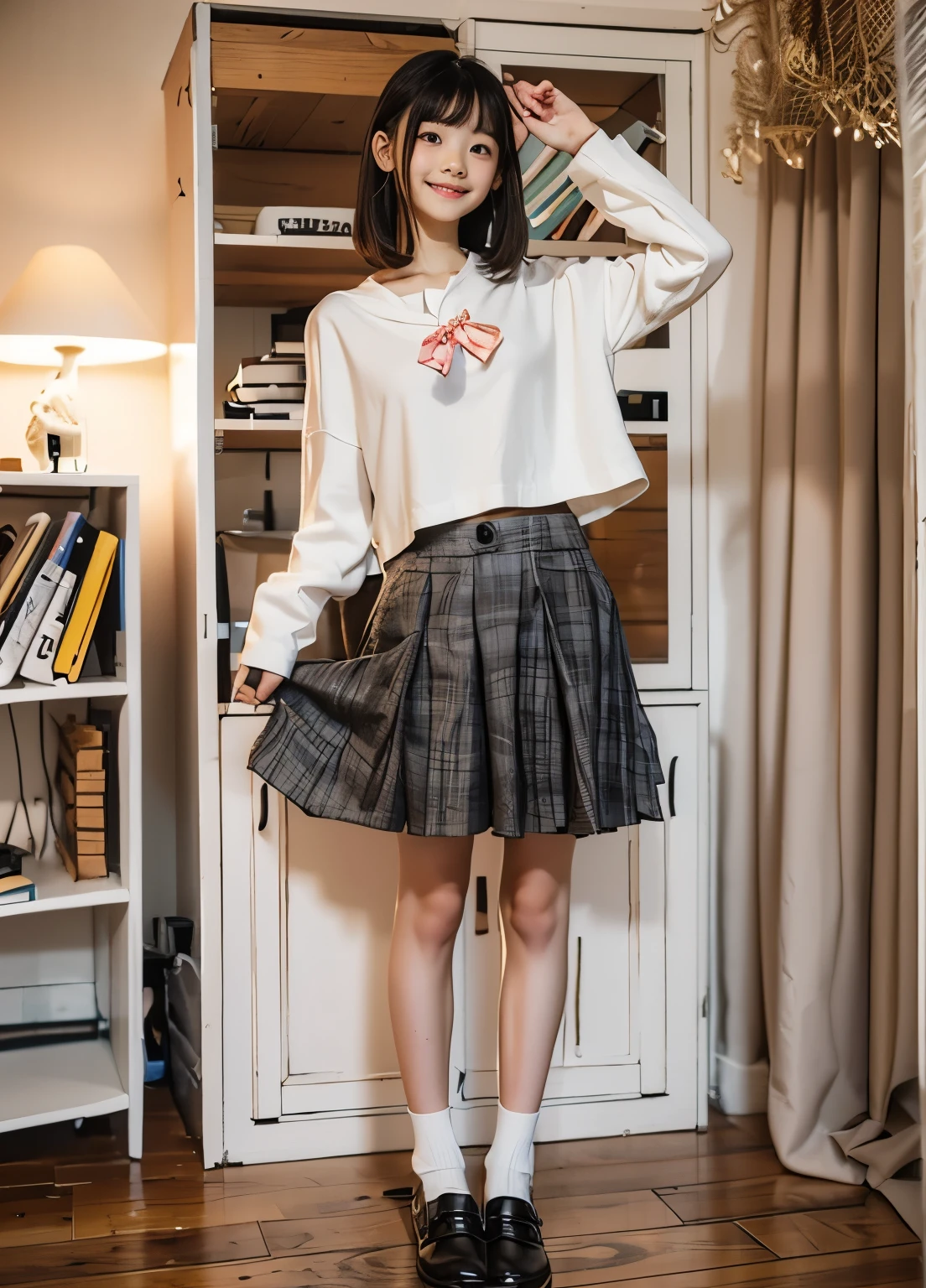 masterpiece,Highest quality,very beautiful girl,innocent smile,very thin legs,incredibly beautiful,detailed eyes and face,big round eyes,very thin thighs,,shiny skin,lovely baby face,f,Elementary school stts,crop top,(((under boob))),