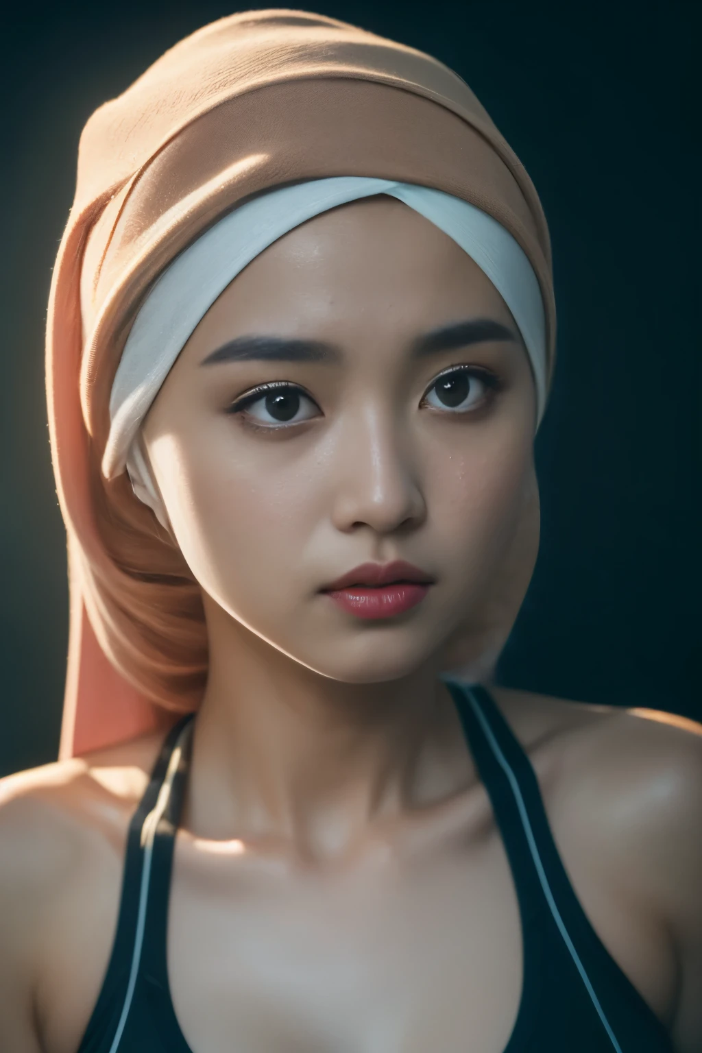 iu, yooa, tzuyu, sportsbra, cyberpunk, javanese, (((hijabi))), cleavage, reflection light, chiaroscuro, depth of field, cinematic lighting, ray tracing, Sony FE GM, UHD, super detail, masterpiece, textured skin, high details, best quality, award winning，3D,hdr（HighDynamicRange）,Ray tracing,NVIDIA RTX,Hyper-Resolution,Unreal 5,Subsurface scattering、PBR Texture、post-proces、Anisotropy Filtering、depth of fieldaximum definition and sharpnesany-Layer Textures、Albedo e mapas Speculares、Surface coloring、Accurate simulation octane rendering of light-material interactions、Two-colored light、largeaperture、Low ISO、White balance、the rule of thirds、8K raw data