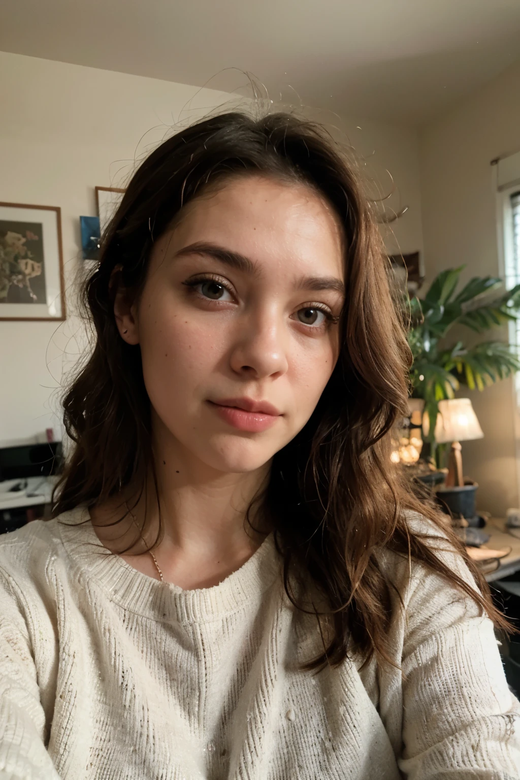 Coquette girl, wavy hair, big breasts, wearing a sweater, realistic, texture on skin, high quality, hd, photo taken in her room with plants, warm dim lighting, selfie, cozy, texture on skin, low light, really dim orange lighting, front camera selfie, up close of face and torso