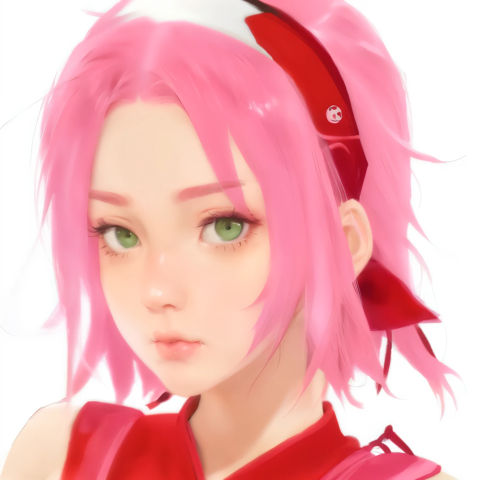 sakura, pretty detailed face, green eyes, wearing red head band, pink hair, soft look, pouting, red ninja dress