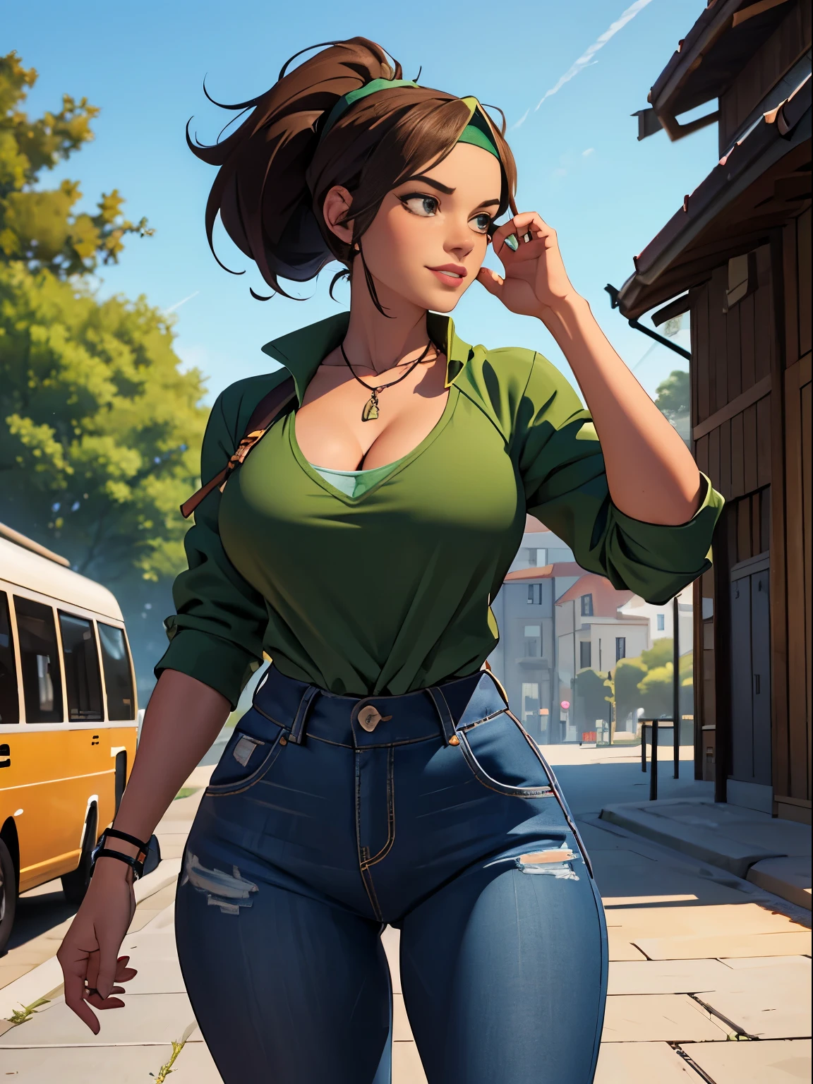 (masterpiece, top quality, best quality, official art, beautiful and aesthetic:1.2), (1girl:1.3), (gorgeous face), light freckles, fair skin, brown hair, extremely detailed, portrait, looking at viewer, solo, (full body:0.6), detailed background, close up, (airy modern theme:1.1), extremely busty photographer girl, ponytail, big lips, charlatan, smiling, mysterious, walking in the park, dark green jacket, green tank top, jeans, do-rag, headband, bandana, bracelets, necklace, trees, modern city park, pond, paths, well-lit, thin and toned physique, ((((gigantic breasts, cleavage, skindentation)))), slim waist, slim hips, long legs, modern (park exterior:1.1) background, dark mysterious lighting, shadows, magical atmosphere, dutch angle,