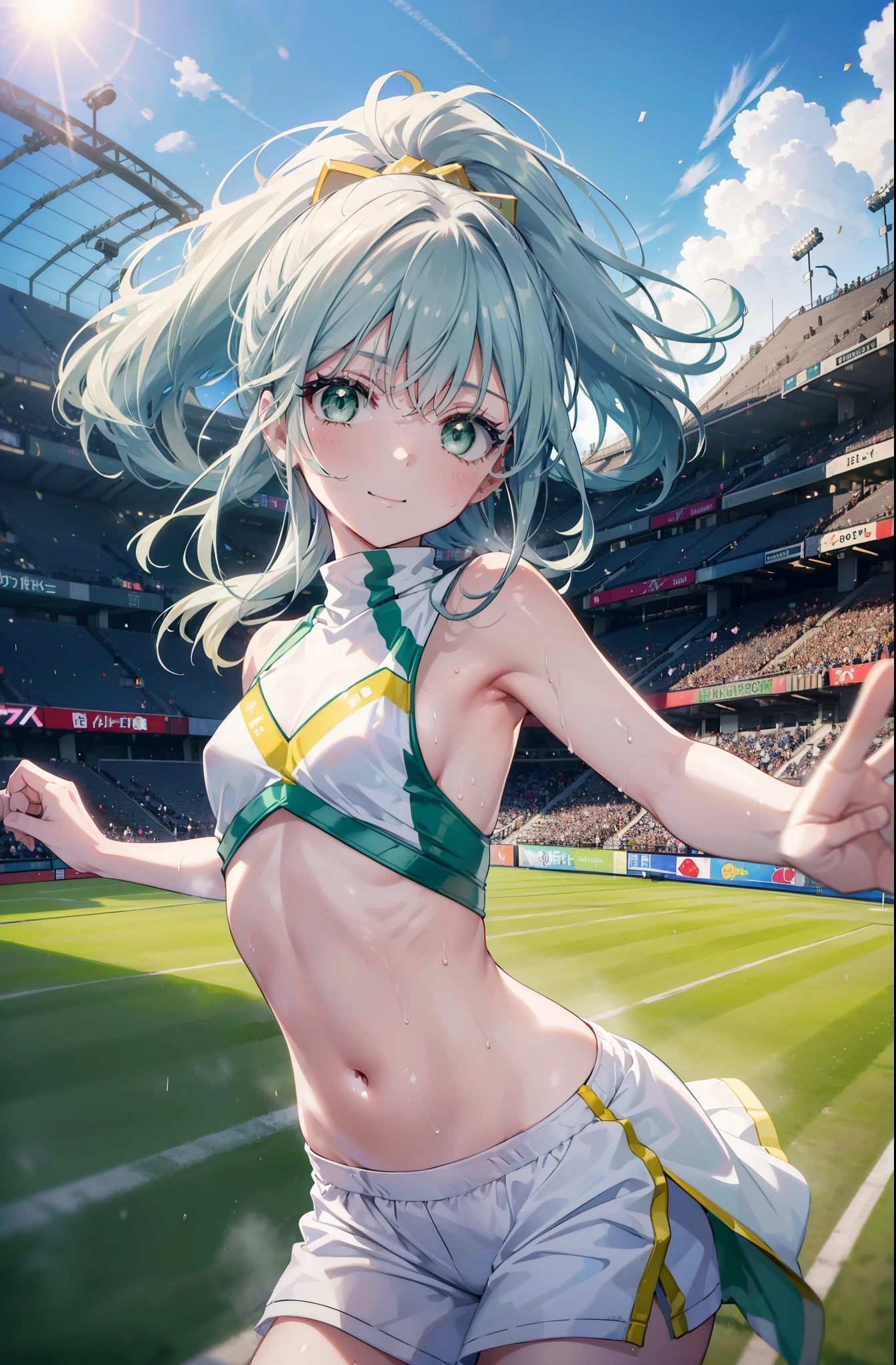 index, index, (green eyes:1.5), silver hair, long hair, (flat chest:1.2),ponytail,(cheer leading), (whole body), lower, (sweaty), sweaty Wet Clothes, (white clothes), , Navel support, playground, (jump), (jump), 足を曲げてjumpする, air, blue sky, Grass原, smile,Cheerleader, pom pom \(cheer leading\), Grass, smile, 
break looking at viewer, Upper body, whole body,
break indoors, stadium,
break (masterpiece:1.2), highest quality, High resolution, unity 8k wallpaper, (figure:0.8), (detailed and beautiful eyes:1.6), highly detailed face, perfect lighting, Very detailed CG, (perfect hands, perfect anatomy),