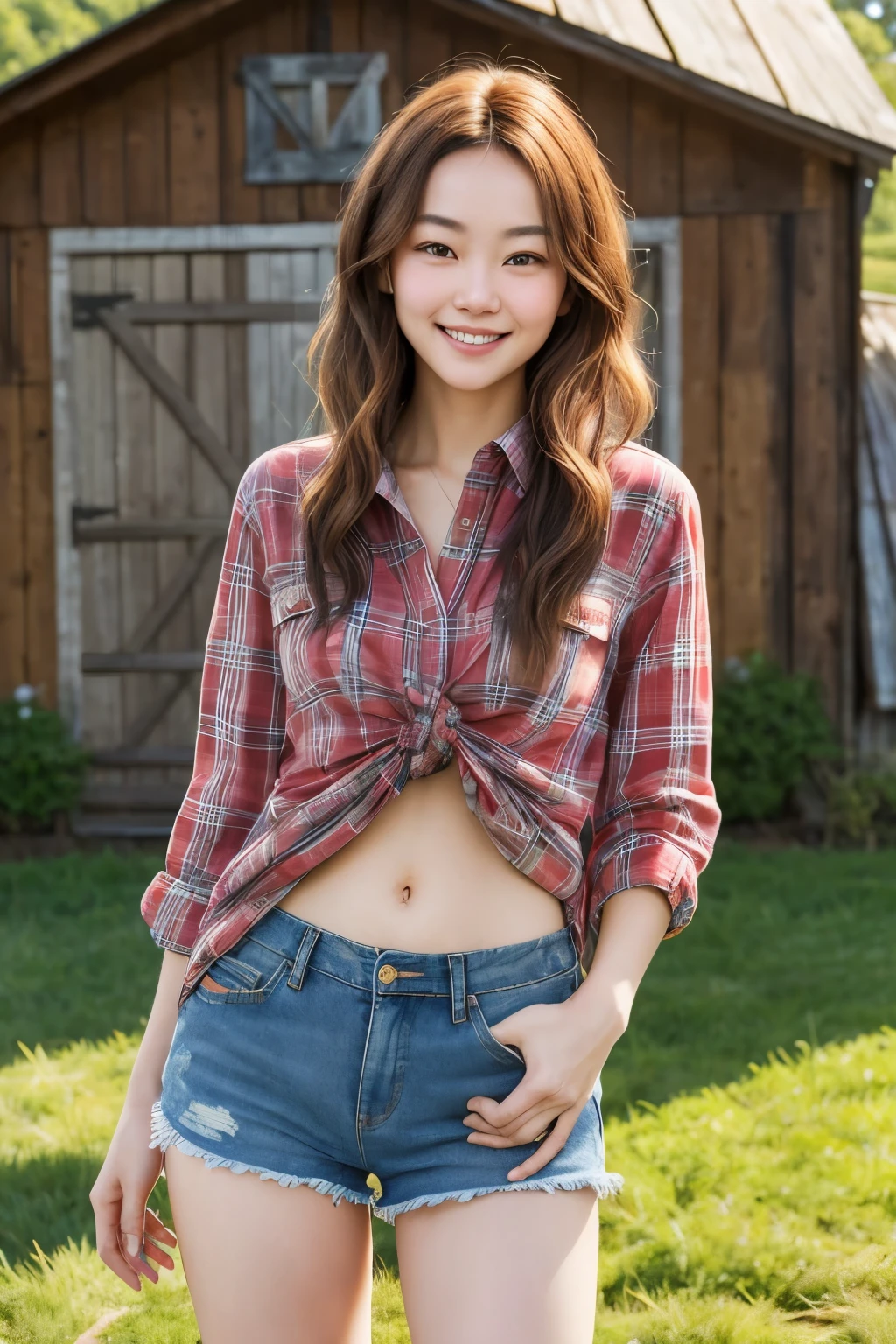 A stunning woman, adorned in a knotted plaid shirt, denim shorts highlighting her narrow waist, and revealing her navel, stands proudly in front of a barn. The intricately detailed face and skin of this beauty radiate with an alluring charm. Captured in ultra-high-definition, this photo-realistic image boasts a rich color palette reminiscent of a sunny afternoon. The warm lighting illuminates her features, emphasizing the textures of the plaid shirt and the subtle details in her expression, which carries a playful and mysterious smile. This evocative scene emanates a captivating, rustic atmosphere, perfect for an inspiring Wensheng