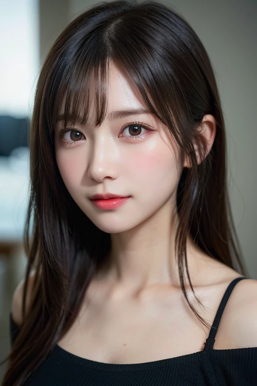 smile,finely, High resolution, high quality、完璧なダイナミックな構figure, detailed and beautiful eyes,, white and fine skin,small mouth,、20 year old girl、1 person、transparent skin、shining hair、、table top, 最high quality, figure, Super detailed, finely, High resolution, 8K、black hair,straight hair, blunt bangs, side bangs ,tactile hair, tendrils,, {thin eyebrows:1.2}, ,Highly detailed CG Unity 8k wallpaper, of the highest quality, super detailed, masterpiece, Realistic, photograph realistic, extremely detailed cute girl,