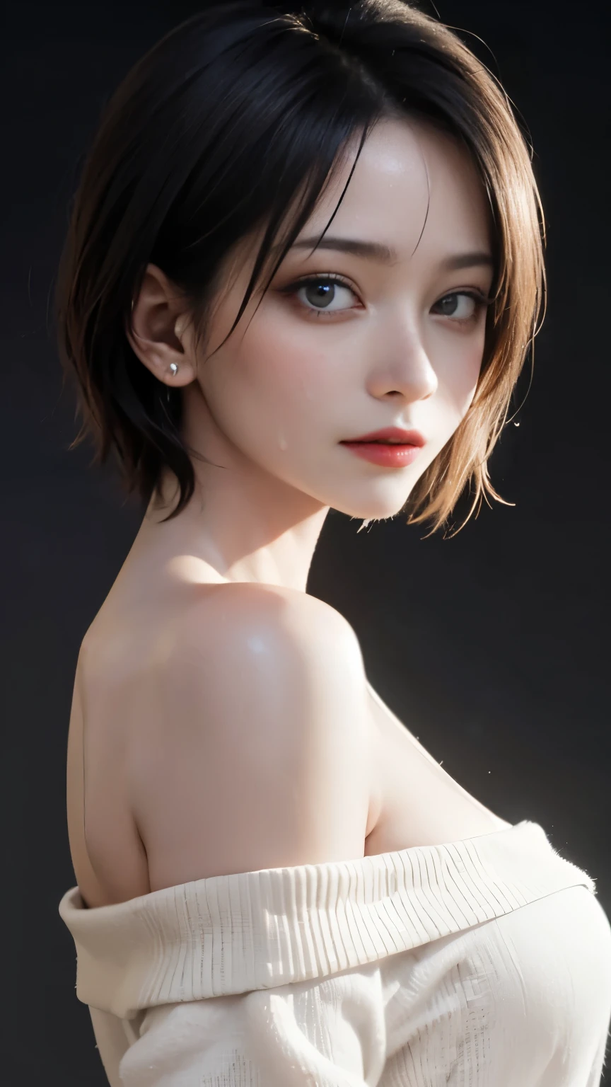 cinematic lighting、(key light：Front diagonal 45 degrees, fill light、Backlight、Shadow、blue and orange color palette), accurate human body、knowledgeable person、Correct five-finger、Raw photo、 4K - ultra-vivid、highest quality, masterpiece, ultra high resolution, (reality: 1.4), 

(((oil skin,glowing skin、realistic skin texture、fine and beautiful skin、shiny skin、shiny skin)))、


upper body shot, camera angle is low, written boundary depth, Focus on the center, fine eyes, Woman with perfect face and eye features, Beautiful woman、(Sweat,vapor, Vulgarity), ((tight white long maxi sweater dress))、big cleavage、tight clothes、(full shot:1.8 , heavy makeup、red eye makeup、pink glossy lipstick)、long shot:1.0, Beautiful depiction、detailed background、high quality people、high quality face、Ultra-high-definition animation、(beautiful black hair:1.8)、lots of earrings、clavicle、((((((Sweat))))))、Wet, baggy clothes, (((night、A pure white off-shoulder shirt that shows off your obscene body line.))), background bokeh、detailed background、field、night、smile、(((Vulgarity、orgasm、face of ecstasy))),