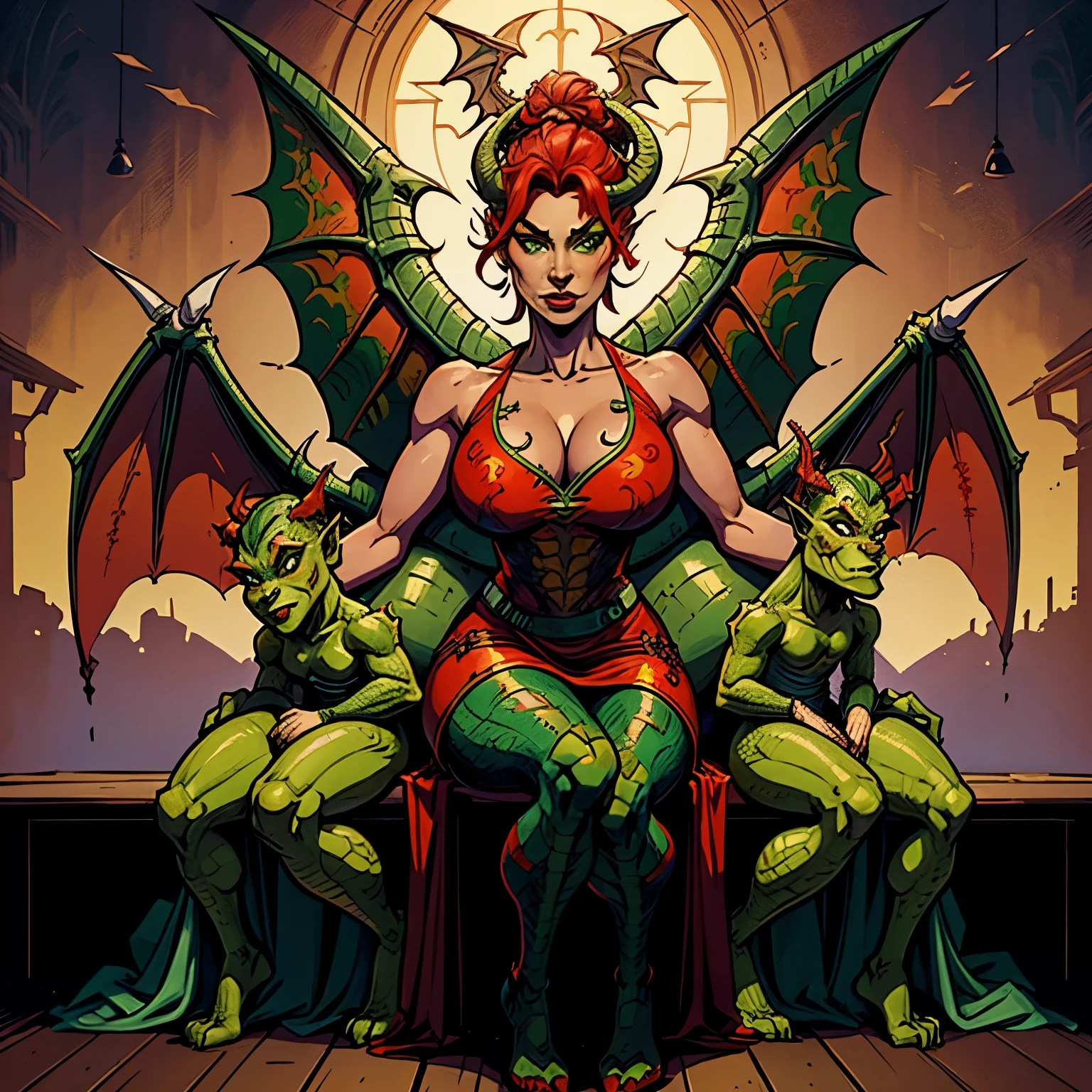 comic panel one woman Dragon from Shrek, with green dragon eyes, red dragon skin, cabelos longos loiros, with two mini wings on the head, with dragon syrup, and two dragon wings. wearing a dress with donkey and dragon prints from the movie Shrek.