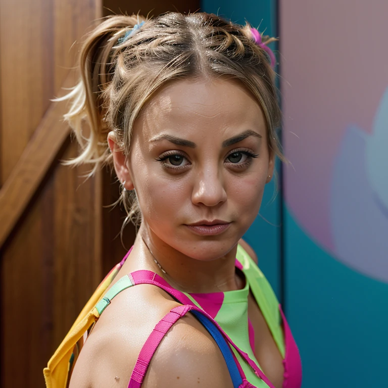 Kaley Cuoco with ponytail hair dressed in a colorful garter belt
