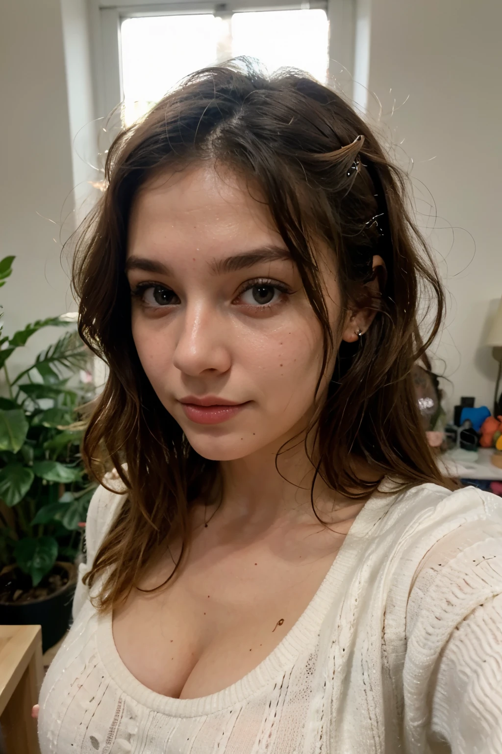 A Venezuelan woman university student between 19 and 22 years old with very pale pink skin, freckles, and dark red curly hair., reaching to his shoulders light blue-green eyes a little small Roman nose , thick eyebrows with thin but very beautiful lips, her body is thin and a little voluptuous with an aesthetic rocker aesthetic from 2023 