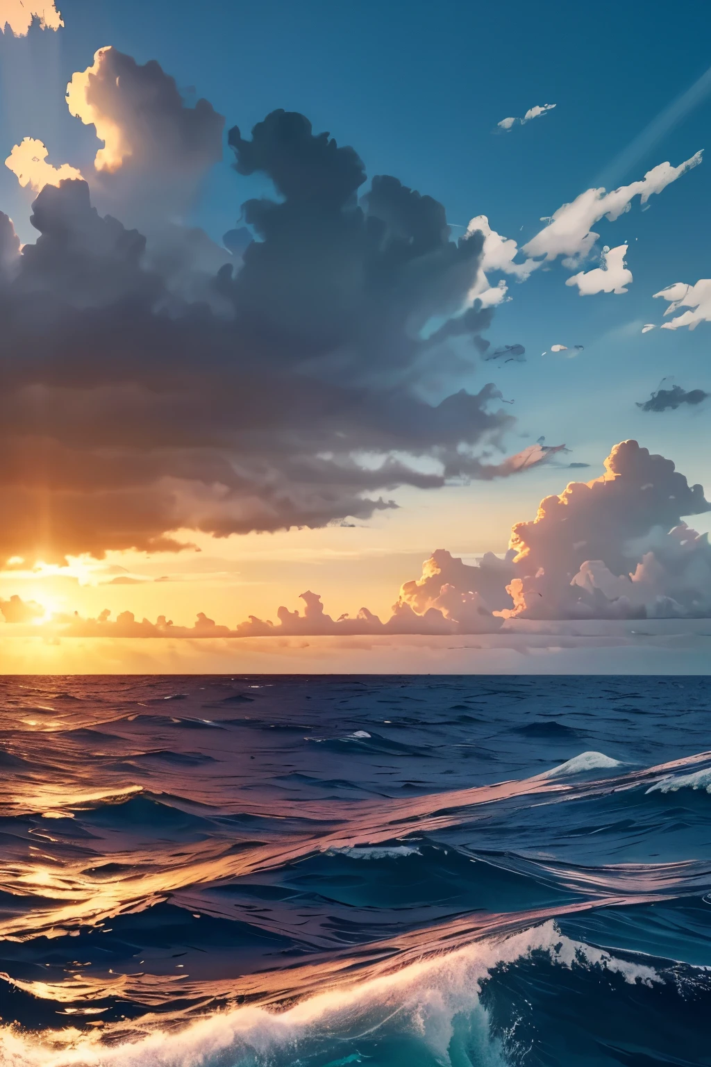 ((Top Quality)), ((8K)), ((Masterpiece: 1.3)), (Perfect Appearance), (Photorealism: 1.6), (sky and ocean: 1.6), (middle of ocean), sky stained by the setting sun, cloudy sky,