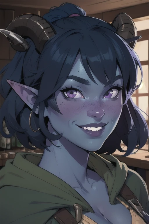 masterpiece, best quality, 1girl, jesterlavorre, blue hair,  purple eyes, blue skin, colored skin, horns, pointy ears, closeup, tiefling, smile, looking at viewer, solo, mischievous smile, portrait, cleavage, BREAK in a tavern 