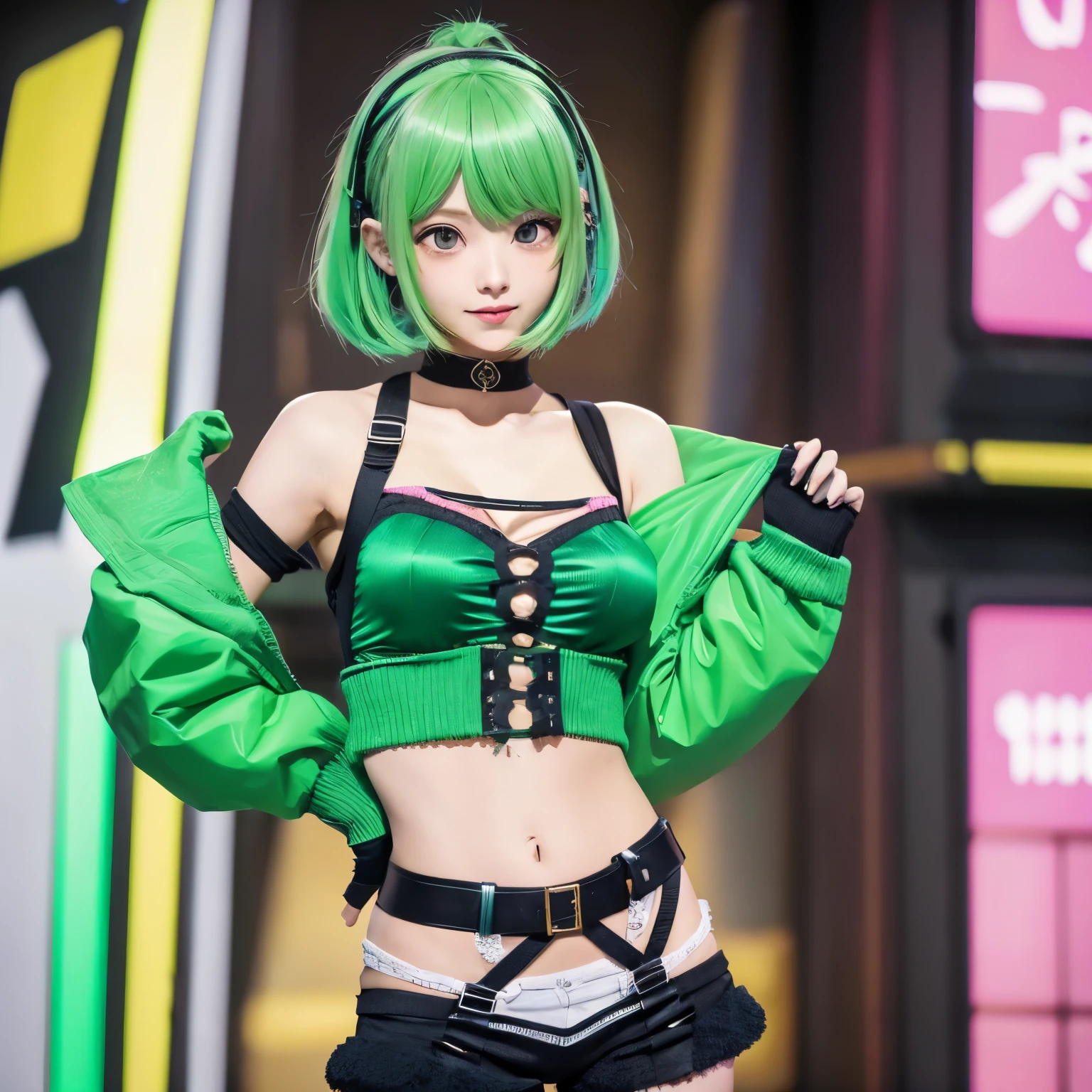 Cool punk idol girl、whole body、Good style、、、、、、、、、、Thick legs、、、Fluorescent green and purple cyber costume(Fancy shirts)、Cool girl face、、、、Glowing Slime Cable Tentacles、