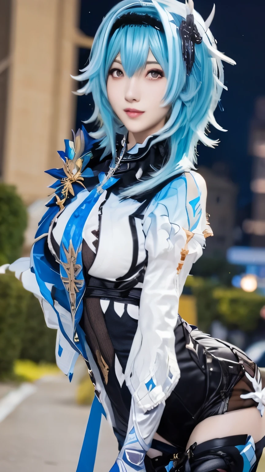 1girl, blue hair, short hair, black thighhighs, hairband, bangs, symmetry eyes, cityscape, night, detailed face, medium breasts, (looking at viewer:1.2), black kneehighs, pantyhose, smooth chin, (ulzzang-6500:0.7), (smile:0.9), (upper body:1.2), closed mouth, game cg, rendering, (photorealistic:1.2),