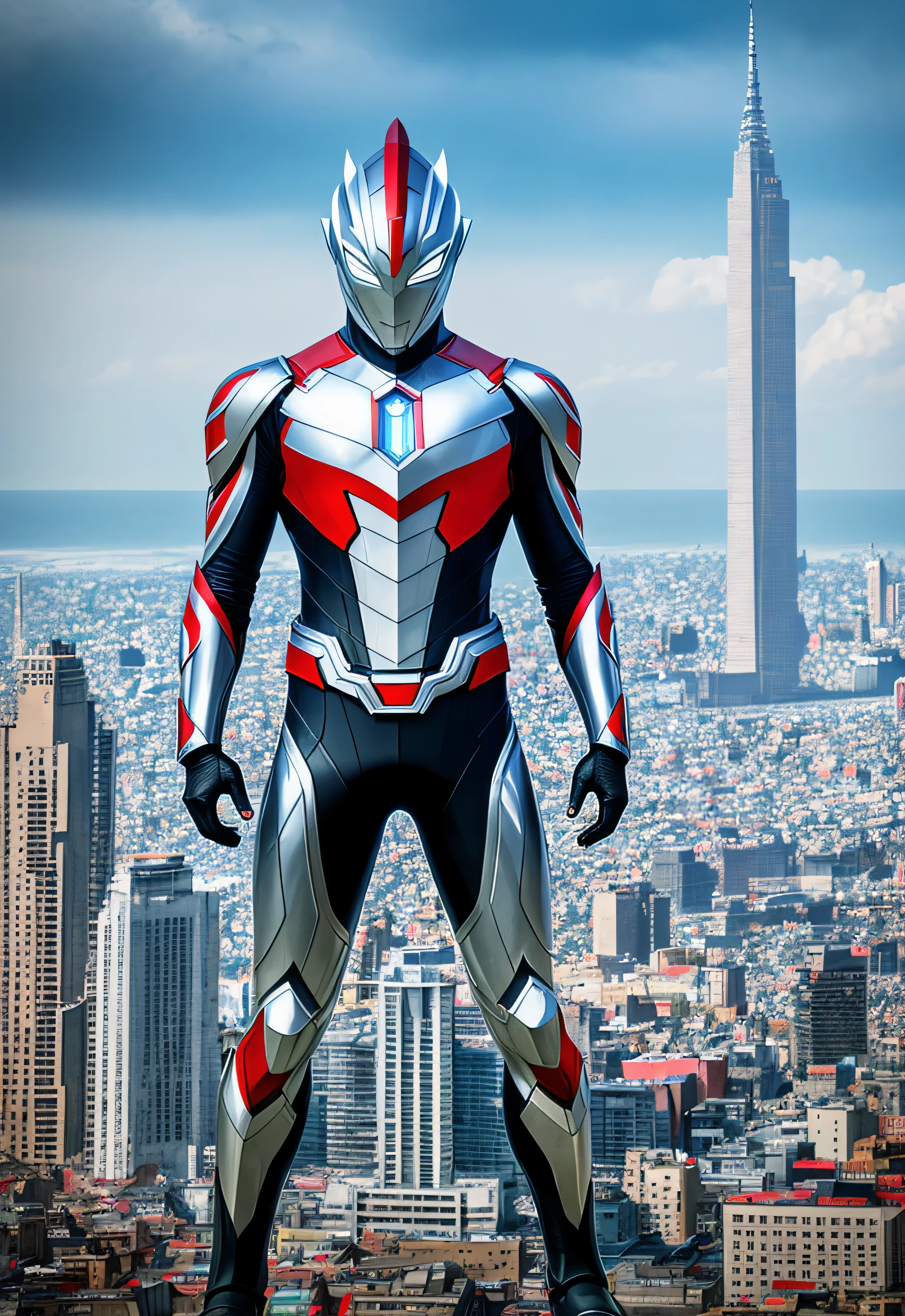 ultraman,(165feet height), [red|black], realistic, high detail raw photo, masterpiece, best quality, detailed, hyper realistic, (full body), detailed face, highly detailed, hdr, ((smooth)), sharp focus, look at viewer, (ruined city), (((detailed background))),