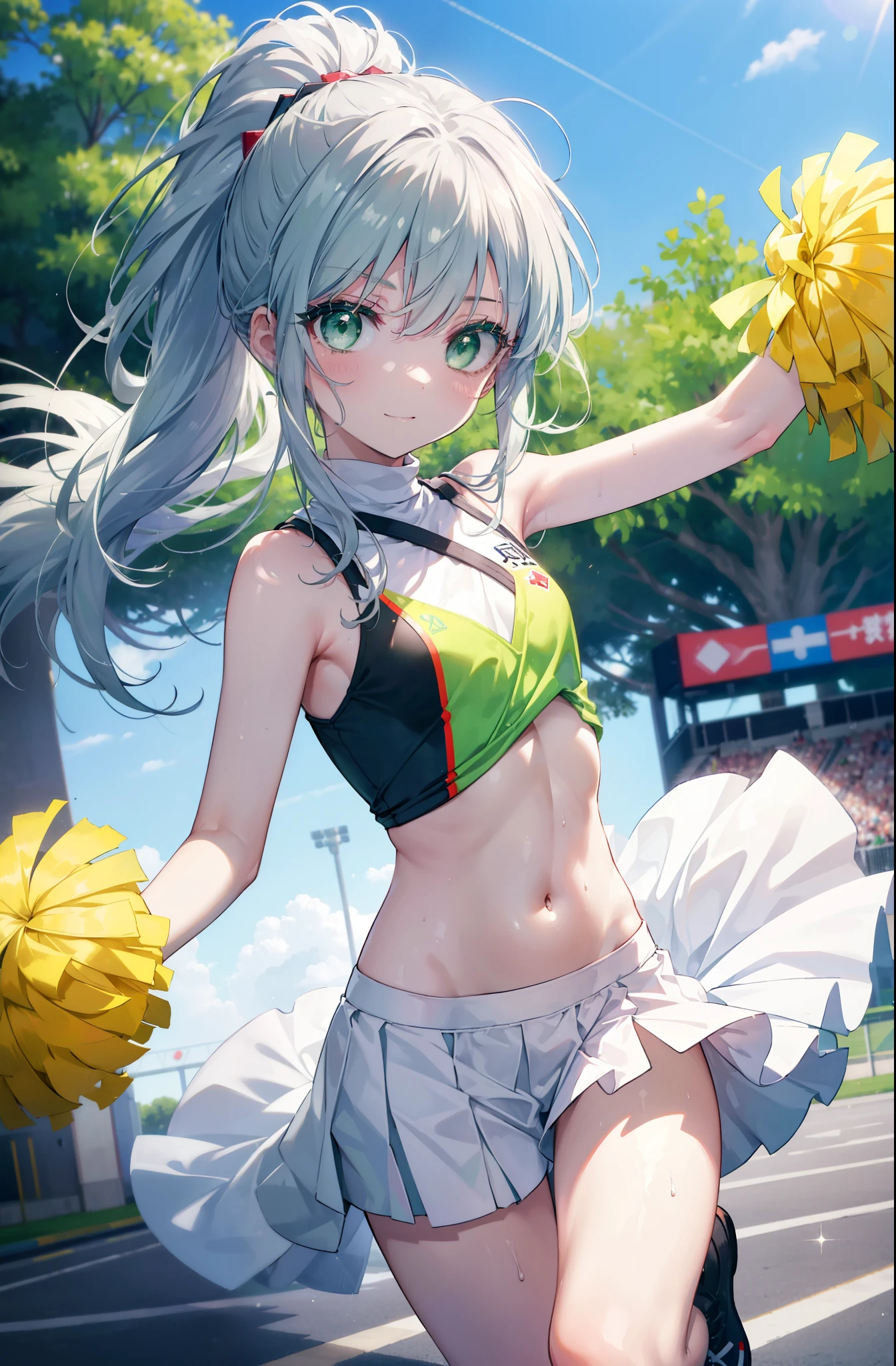 index, index, (green eyes:1.5), silver hair, long hair, (flat chest:1.2),ponytail,(cheer leading), (whole body), lower, (sweaty), sweaty Wet Clothes, (white clothes), , Navel support, playground, (jump), (jump), 足を曲げてjumpする, air, blue sky, Grass原, smile,Cheerleader, pom pom \(cheer leading\), Grass, smile,
break looking at viewer, Upper body, whole body,
break indoors, stadium,
break (masterpiece:1.2), highest quality, High resolution, unity 8k wallpaper, (figure:0.8), (detailed and beautiful eyes:1.6), highly detailed face, perfect lighting, Very detailed CG, (perfect hands, perfect anatomy),