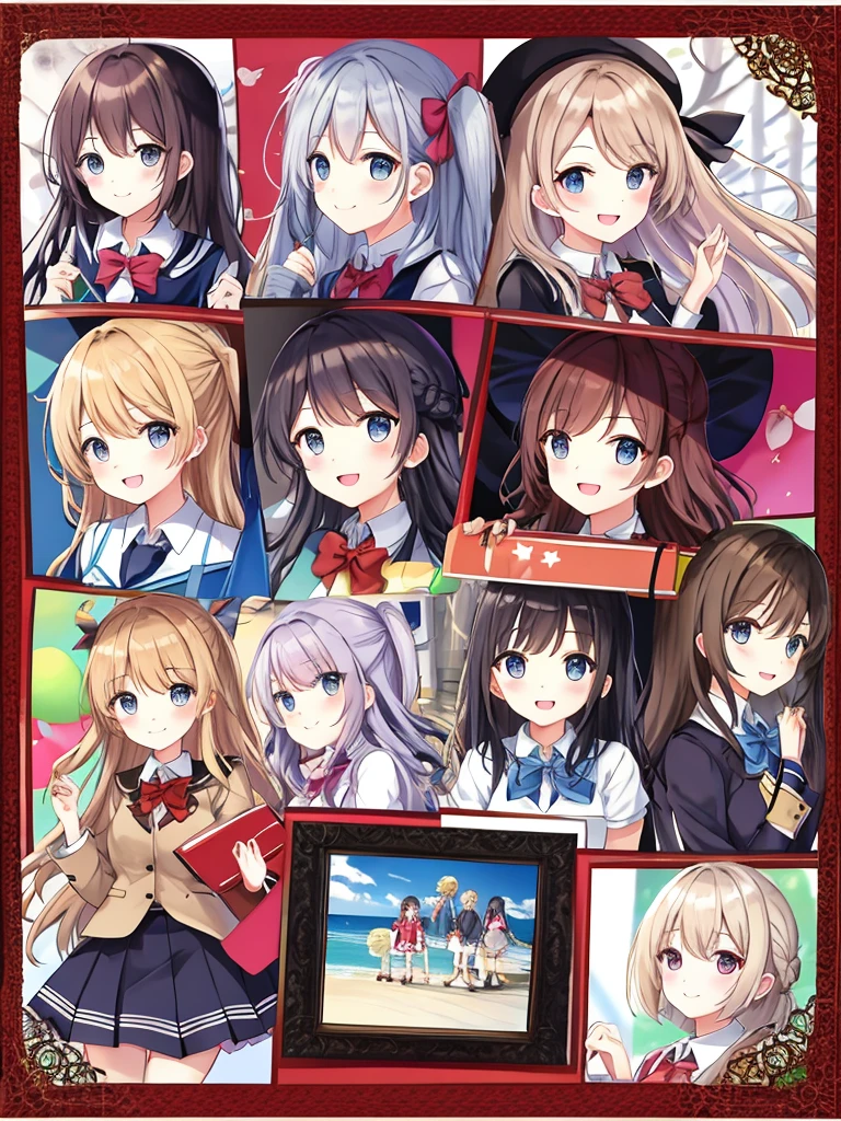 absurdres, highres,
BREAK
Photo Album book with some memorable photos, Lots of photos, photos of Memories of the girls' school life, picture frame, smile, happy
