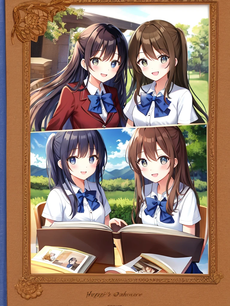 absurdres, highres,
BREAK
Photo Album book with some memorable photos, Lots of photos, photos of Memories of the girls' school life, picture frame, smile, happy