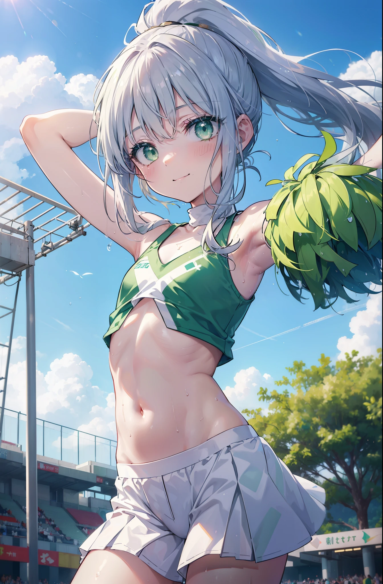 index, index, (green eyes:1.5), silver hair, long hair, (flat chest:1.2),ponytail,(cheer leading), (whole body), lower, (sweaty), sweaty Wet Clothes, (white clothes), , Navel support, playground, (jump), (jump), 足を曲げてjumpする, air, blue sky, Grass原, smile,Cheerleader, pom pom \(cheer leading\), Grass, smile, 
break looking at viewer, Upper body, whole body,
break indoors, stadium,
break (masterpiece:1.2), highest quality, High resolution, unity 8k wallpaper, (figure:0.8), (detailed and beautiful eyes:1.6), highly detailed face, perfect lighting, Very detailed CG, (perfect hands, perfect anatomy),