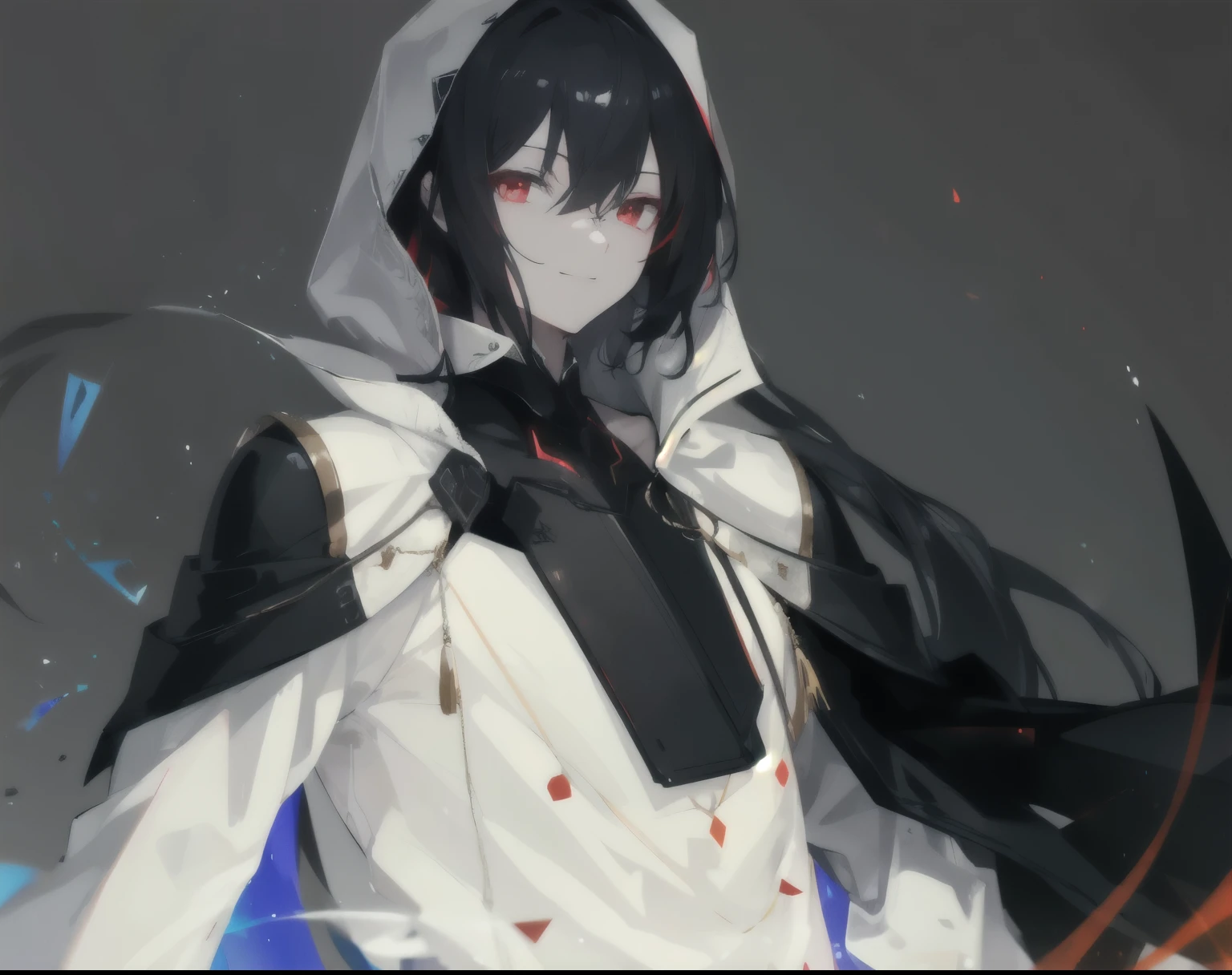effeminate，red eyes，Two dimensions，black sleeves，top quality, masterpiece,calm smile, , Tyndall effect,edge lighting, two color lights, (HD skin:1.2), 8K Ultra HD, soft light, high quality, Volumetric lighting, , 4K, 8K,