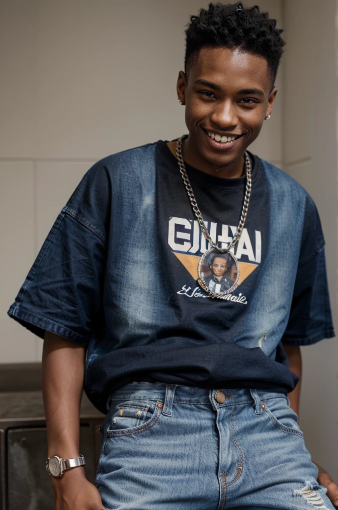 18 year old black boy smilling with a gap in his teeth that look like a vampire's in 3D in Los Angeles while holding a semi auto next to his face with nappy hair and a Nipssey Hustle T Shirt and a diamond watch with a thick tornado chain on his chest and denim jeans and wearing Jordan sneakers and has a thick scar in his right eye