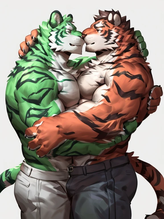 two muscular tiger , furry chest, muscular green tiger hug muscular tiger back, muscular green tiger stand behind, hug from behind, white background, perfect hand, thick furry neck and chest fluff, hand behind head, kiss, hand into pant, side view by lindong, by nullghost