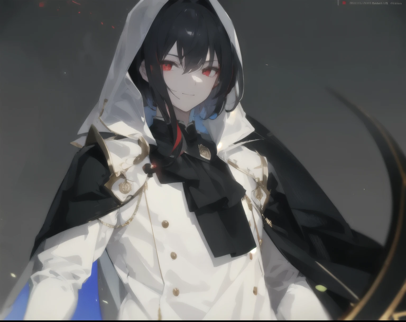effeminate，red eyes，Two dimensions，black sleeves，top quality, masterpiece,calm smile, , Tyndall effect,edge lighting, two color lights, (HD skin:1.2), 8K Ultra HD, soft light, high quality, Volumetric lighting, , 4K, 8K,