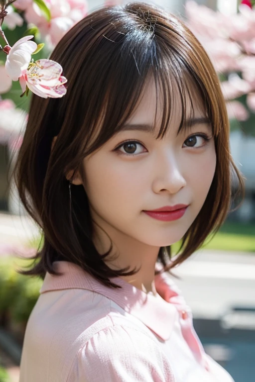 photo realistic, photo realistic, photo realistic, photo realistic, photo realistic, photo realistic, photo realistic, photo realistic, raw photo, 8K photo, master piece, best quality, ultrahigh res, (photorealistic:1.4), a girl, 18 years old, pink polo shirt, row of cherry blossom trees, cherry blossoms in full bloom, cherry blossoms, cherry blossom petals, bangs, red rouge, red lipstick, grey eyes, flat chest, look at us, smile, photo realistic, 8k, RAW photo, best quality, masterpiece, realistic, clear focus, professional lighting, front lighting,natural smile, short hair, (natural skin texture, detailed skin, detailed soft eyes, detailed hair, detailed cute lips, hyperrealism, ultra sharpness, intricate details)