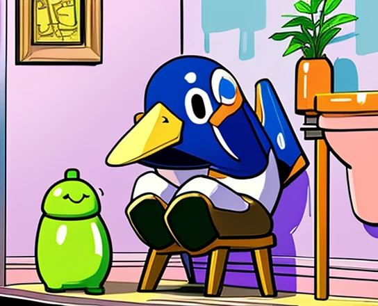 Prinny sitting at Toilet on Bathroom, Art of Tamagotchi 