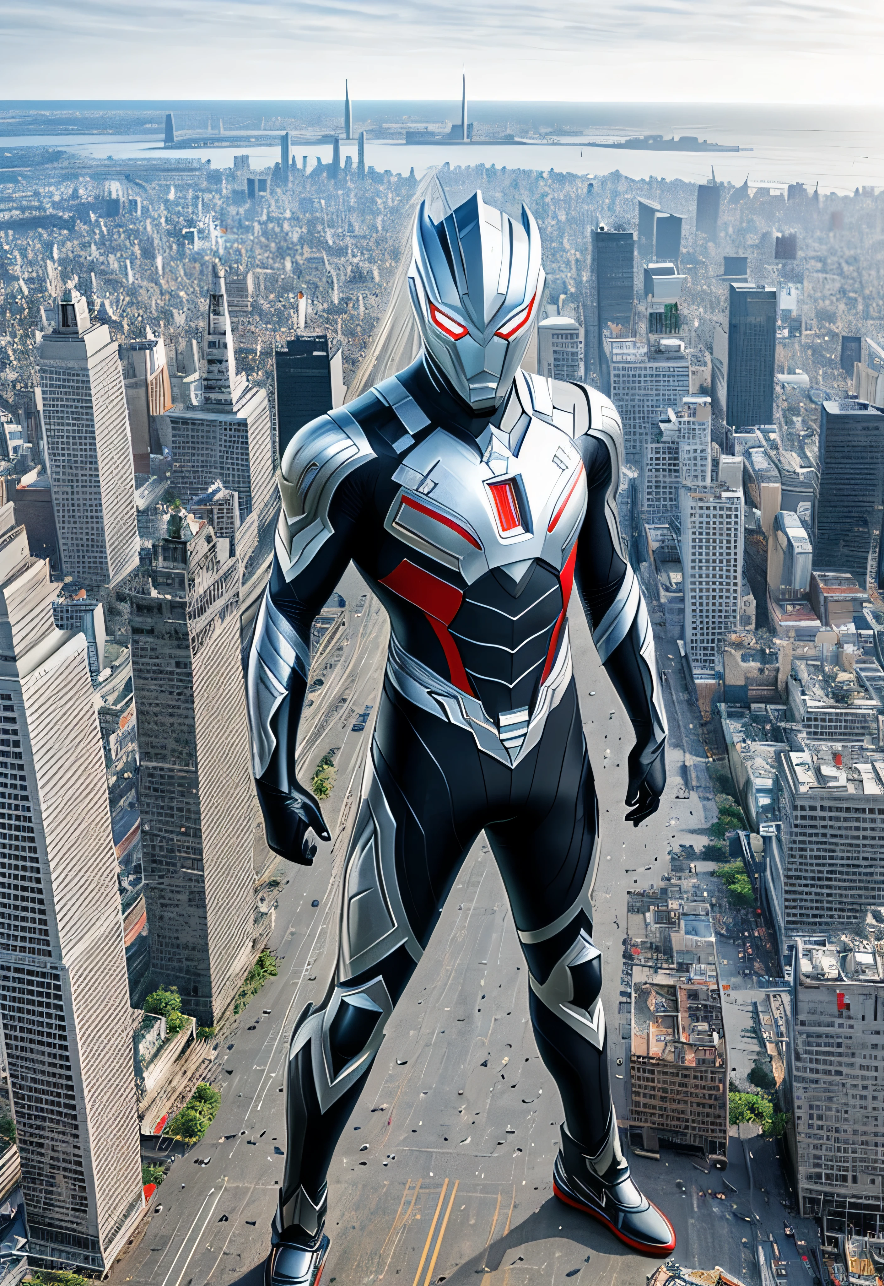 ultraman,(165feet height), [black], realistic, high detail raw photo, masterpiece, best quality, detailed, hyper realistic, (full body), detailed face, highly detailed, hdr, ((smooth)), sharp focus, look at viewer, (ruined city), (((detailed background))),