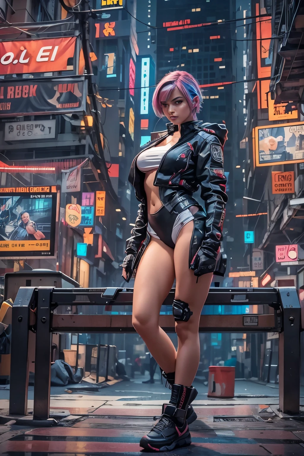 (extremely detailed CG unity 8k wallpaper), (ultra-detailed), masterpiece, best quality, lucy (cyberpunk), bodysuit, solo, breasts, cyberpunk city, multicolored hair, short hair, looking at viewer, medium breasts, black bodysuit, grey eyes, hip vent, clothing cutout, thigh gap, covered navel, white jacket, bare shoulders, short shorts, couch,