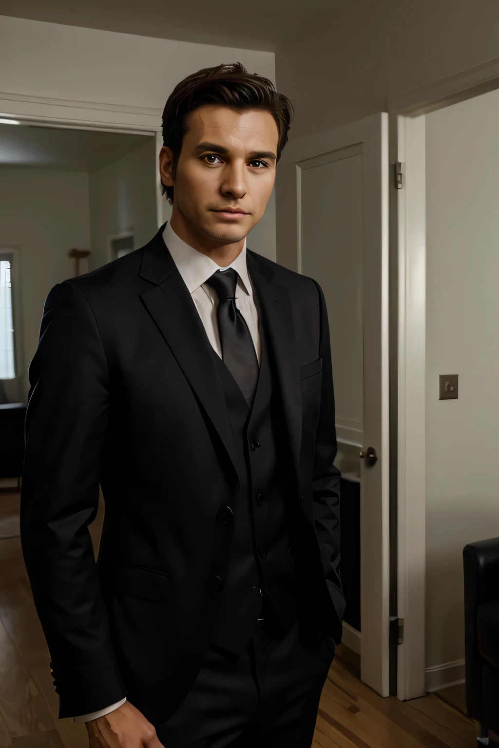 Blurred background. Mature young man of 39 years old in a black suit, looking straight into the camera. In a furnished room. The photo must have a blurred background highlights the picture.”