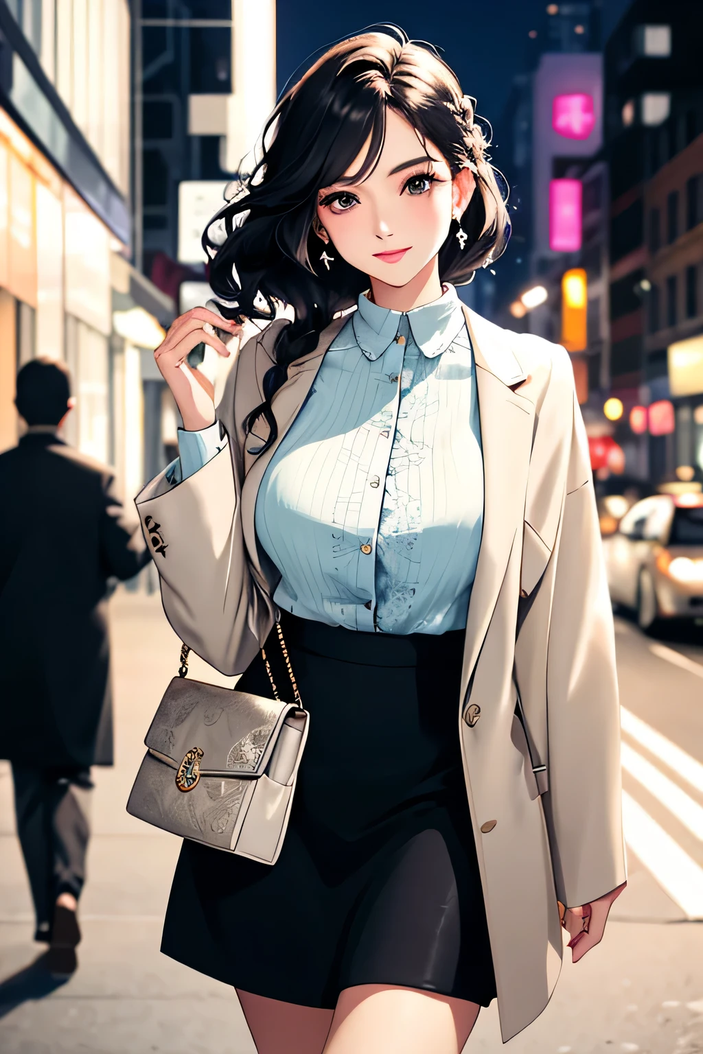 (highest quality:1.4)、High resolution、detailed background)、(detailed beautiful face:1.4)、detailed facial expressions、anatomically correct、beautiful and smooth skin、skin texture、professional lighting、Beautiful girl in her 20s、(huge breasts:1.3)、cute hair color、braided bob、realistic、perfect body line、attractive ass、cute gesture、cute、Emphasize feminine silhouetteake your body line look beautiful、cowboy shot、
(Date in the city at night:1.5)、With a happy expression、Calm atmosphere、I trust、cute、
Choose elegant, feminine tops such as silk or satin blouses and camisoles.、Ornate designs and details such as embroidery make it feel even more special.、
A slim-fitting skirt is recommended.、The silhouette looks beautiful and gives a mature look.、
Add a jacket or cardigan for a more sophisticated look.、
The simple design and tailored silhouette are stylish.、
Wear heeled shoes to accentuate your feet、It is also important to choose a comfortable heel height and design.、
Add some simple yet elegant accessories to complete the look.、
We recommend classic designs such as pearl necklaces and earrings.、
A compact clutch bag or mini bag will go well with this item.、
Choose a simple and elegant design to complement your outfit.、
Natural makeup is recommended、Add accents to your eyes and lips to make your base makeup look beautiful.、For hairstyles, it would be good to go for an updo or soft waves that will bring out a feminine look.、
A good balance between adult-like and cute