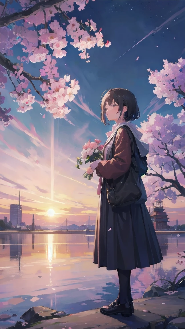 Girl looking up scene 1: Shadow of the cherry blossoms at dusk A girl stands quietly with the sky behind her, Dyed azure. 彼女の目の前にそびえ立つのはバベルのtowerと呼ばれる巨大な桜だ. The Shape, Like piercing the clouds, It&#39;s like it&#39;s reaching the sky. The girl&#39;s gaze is directed towards the top of the cherry tree.. tower, Bathed in the morning light, Creates a fantastic atmosphere. The surface of the cherry tree has intricate patterns engraved on it.. Old-fashioned. The girl seemed to sense something deep within the cherry blossoms.. Is it a memory of a classic story?、Or is it a longing for an unknown fantasy world?? Scene 2: Memories of the starry sky, with countless stars twinkling in the blue sky、少女はtowerの頂上に立つ. At her feet, The city lights shine like jewels. The girl closes her eyes and takes a deep breath. 春風の匂いとtowerの古い匂いが混じる. The girl&#39;s mind replayed a famous story. The girl read a story of adventure and friendship.。 . The main character of the story, Like a girl, バベルのtowerに登りました. There, She met her friends、Overcoming various difficulties. One day the girl had a dream。, Like the main character, I&#39;ll go on an adventure. Scene 3: 朝焼けの約束 朝日の光がtowerを照らす頃、少女はtowerを出た. think back, towerは朝日に輝いて神々It even seemed. 少女はいつかまたこのtowerに登ると決めた. And she, She vows to tell the rest of the story. step by step, The girl walked into the future,Cherry blossom trees,Falling cherry blossoms,beautiful sky,black hair,short bob
