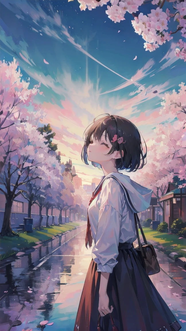 Girl looking up scene 1: Shadow of the cherry blossoms at dusk A girl stands quietly with the sky behind her, Dyed azure. 彼女の目の前にそびえ立つのはバベルのtowerと呼ばれる巨大な桜だ. The Shape, Like piercing the clouds, It's like it's reaching the sky. The girl's gaze is directed towards the top of the cherry tree.. tower, Bathed in the morning light, Creates a fantastic atmosphere. The surface of the cherry tree has intricate patterns engraved on it.. Old-fashioned. The girl seemed to sense something deep within the cherry blossoms.. Is it a memory of a classic story?、Or is it a longing for an unknown fantasy world?? Scene 2: Memories of the starry sky, with countless stars twinkling in the blue sky、少女はtowerの頂上に立つ. At her feet, The city lights shine like jewels. The girl closes her eyes and takes a deep breath. 春風の匂いとtowerの古い匂いが混じる. The girl's mind replayed a famous story. The girl read a story of adventure and friendship.。 . The main character of the story, Like a girl, バベルのtowerに登りました. There, She met her friends、Overcoming various difficulties. One day the girl had a dream。, Like the main character, I'll go on an adventure. Scene 3: 朝焼けの約束 朝日の光がtowerを照らす頃、少女はtowerを出た. think back, towerは朝日に輝いて神々It even seemed. 少女はいつかまたこのtowerに登ると決めた. And she, She vows to tell the rest of the story. step by step, The girl walked into the future,Cherry blossom trees,Falling cherry blossoms,beautiful sky,black hair,short bob