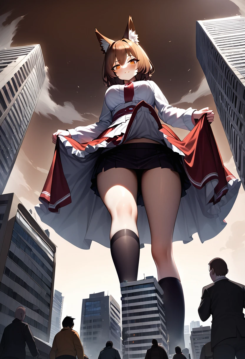 huge,brown hair,fox ears,age girl,short skirt,Teasing the villain,A giant girl taller than a building,Wearing black knee socks,city-destroying,miniature city,lifting one's feet,Ready to stampede,Toyed around,low angle of view,shrouded in the villain,Lifted up the skirt,arrogant