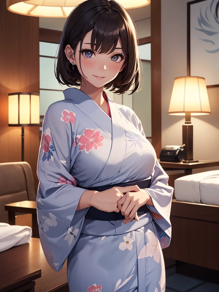 1 beautiful woman, (seems ready to do something), seductive sexy, Alluring plumpness:1.3, Brunette, Straight-haired, pupils sparking, long upper eyelashes, (wearing yukata in hotel:1.5), Japanese-style rooms at the hotel, futon, seductive smile, light blush, ear blush, seductive expression, sexy tease, high quality chothing, super detail face, high detail and delicate eyes, ((accurate limbs)), ((correct finger)), (super textured skin), high quality background, award winning, masterpiece, anatomically correct, retina, highres, UHD, 8k