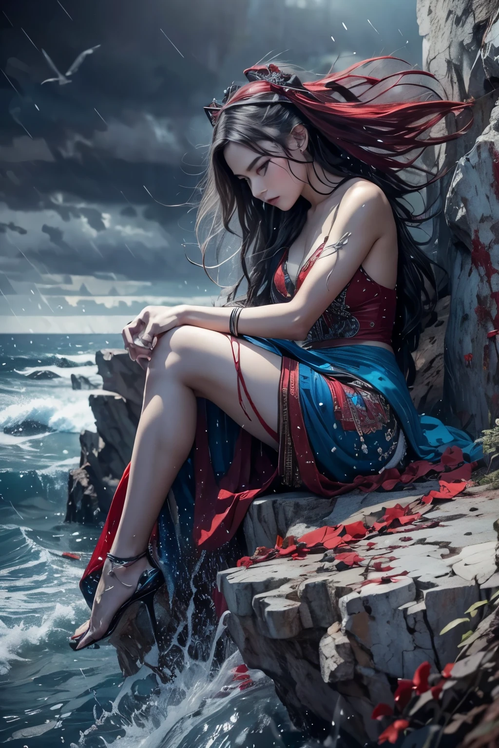 black and white and blue and red,(best quality, ultra-detailed, high resolution, extremely detailed cg),wide shot,dead angels stand on cliff edge,she is very beautiful,she like blood and sea,bloody rain, mystical,fanatic, intricate, surreal,delicate