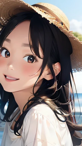 highest quality、realistic、Japanese、girl、zoom、look up、cute、orange eyes、long hair、black hair、all back、Forehead is coming out、T-shirt、long skirt、sneakers、straw hat、stroll、Ocean、joy、smilingly、face close up