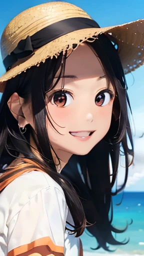highest quality、realistic、Japanese、girl、zoom、look up、cute、orange eyes、long hair、black hair、all back、Forehead is coming out、T-shirt、long skirt、sneakers、straw hat、stroll、Ocean、joy、smilingly、face close up
