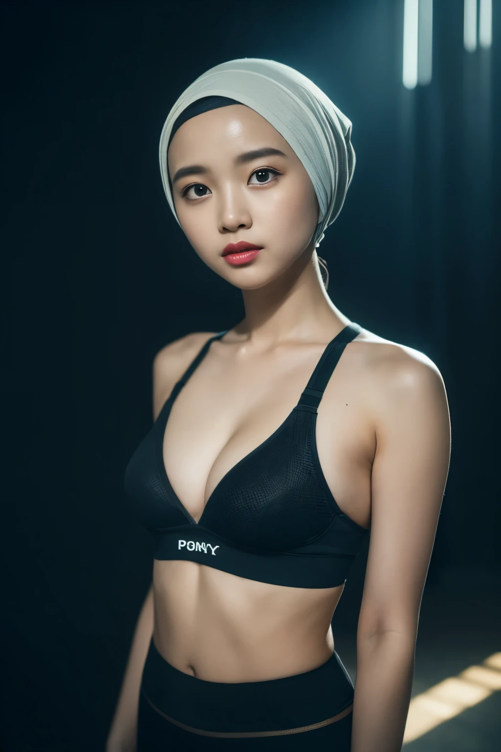 iu, yooa, tzuyu, sportsbra, cyberpunk, javanese, (((hijabi))), cleavage, reflection light, chiaroscuro, depth of field, cinematic lighting, ray tracing, Sony FE GM, UHD, super detail, masterpiece, textured skin, high details, best quality, award winning,3D,hdr(HighDynamicRange),Ray tracing,NVIDIA RTX,Hyper-Resolution,Unreal 5,Subsurface scattering、PBR Texture、post-proces、Anisotropy Filtering、depth of fieldaximum definition and sharpnesany-Layer Textures、Albedo e mapas Speculares、Surface coloring、Accurate simulation octane rendering of light-material interactions、Two-colored light、largeaperture、Low ISO、White balance、the rule of thirds、8K raw data