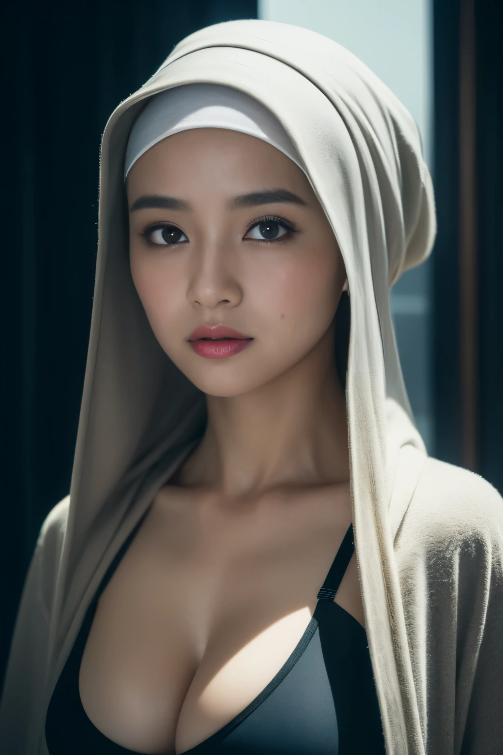 1 girl, Asian girl, beautiful girl, cute girl, ((slim, thin, tall)), ((Indonesian girl)), ((beautiful Indonesian girl)), ((beautiful Indonesian hijab girl)), ((Indonesian hijab girl)), (( girl, 18 year old girls, young girls)), ((teenagers, young)), ((wearing black hijab, wearing black scarf, black hijab, black scarf)), ((Indonesian internet celebrity, indonesian instagram celebrity, indonesian tiktok celebrity)), ((ulzzang hijab girl, korean hijab girl, chinese hijab girl)). ((large breasts, big breasts, large , big boobs)), big breasts, large breasts, big , slim body, ((nude, naked)), (nude, naked), (nude), (naked), ((nude)), ((naked)). ((lust, lustful, horny)), ((closed eyes, eyes closed)), ((sighing)), head facing upwards, ((horny expression, enjoyment expression, lust expression)). ((indoor, bedroom)), Beautiful Face, firm abs, ((thin lips)), slim face, faceslender abs, double eyelid, Super thin face and eyes, Sexy, Pinkish white skin, sexy pose, beautiful skin. ultra-detailed face, detailed lips, Highly Detailed Face and Skin Texture, detailed eyes, beautiful detail eyes, (realistic skin), attractive, Ultra-fine face, Fine eyes. Beautiful Women with Perfect Figure: 1.4,  (nsfw:1.3), (sexually aroused:1.5), (perfect, figure: 1.1), Slim abs: 1.1, ((Big breasts :1.2)). For the image quality, please prioritize ((Best quality, 8k, Masterpiece: 1.3)), ((masterpiece)), ((best quality)), ((ultra-detailed)), sharp focus: 1.2, (highly detailed CG illustration), ultra high resolution: 1.3, Detailed Photo, (Best Quality: 1.4), (best quality, (masterpiece:1.5), 4k, 8k, highres, masterpiece:1.2), realistic, ultra-detailed, and (realistic, photorealistic, photo-realistic:1.3), ((the photo taken with a phone)). To enhance the visuals, add UHD, studio lighting, ultra-fine painting, sharp focus, physically-based rendering, extreme detail description, professional, natural colors, cool white light. ((lust, lustful, horny)), ((closed eyes, eyes closed)), 