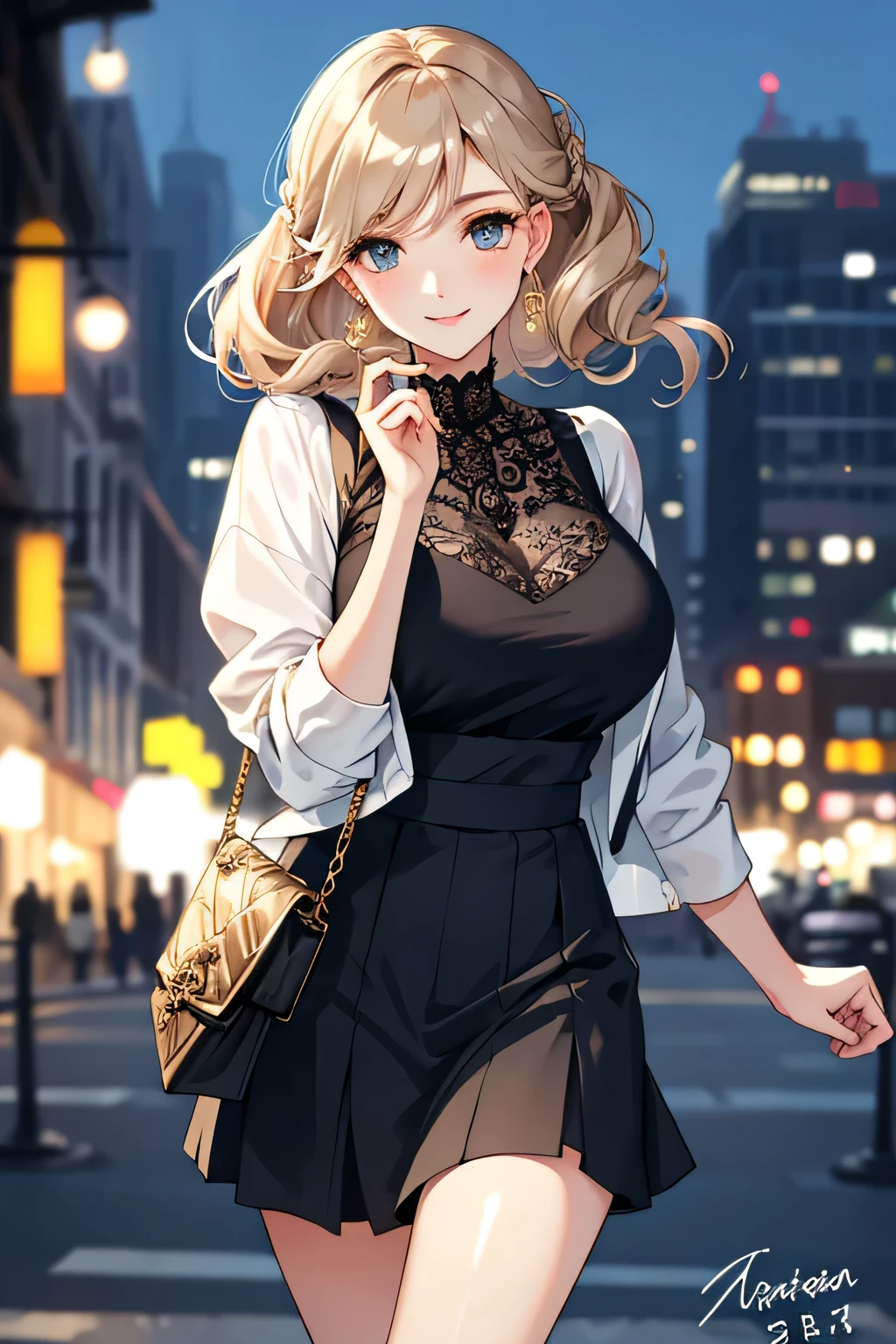 (highest quality:1.4)、High resolution、detailed background)、(detailed beautiful face:1.4)、detailed facial expressions、anatomically correct、beautiful and smooth skin、skin texture、professional lighting、Beautiful girl in her 20s、(huge breasts:1.3)、cute hair color、braided bob、realistic、perfect body line、attractive ass、cute gesture、cute、Emphasize feminine silhouetteake your body line look beautiful、cowboy shot、
(Date in the city at night:1.5)、With a happy expression、Calm atmosphere、I trust、cute、

Choose elegant, feminine tops such as silk or satin blouses and camisoles.、Ornate designs and details such as embroidery make it feel even more special.、
A slim-fitting skirt is recommended.、The silhouette looks beautiful and gives a mature look.、
Add a jacket or cardigan for a more sophisticated look.、
The simple design and tailored silhouette are stylish.、
Wear heeled shoes to accentuate your feet、It is also important to choose a comfortable heel height and design.、
Add some simple yet elegant accessories to complete the look.、
We recommend classic designs such as pearl necklaces and earrings.、
A compact clutch bag or mini bag will go well with this item.、
Choose a simple and elegant design to complement your outfit.、
Natural makeup is recommended、Add accents to your eyes and lips to make your base makeup look beautiful.、For hairstyles, it would be good to go for an updo or soft waves that will bring out a feminine look.、
A good balance between adult-like and cute